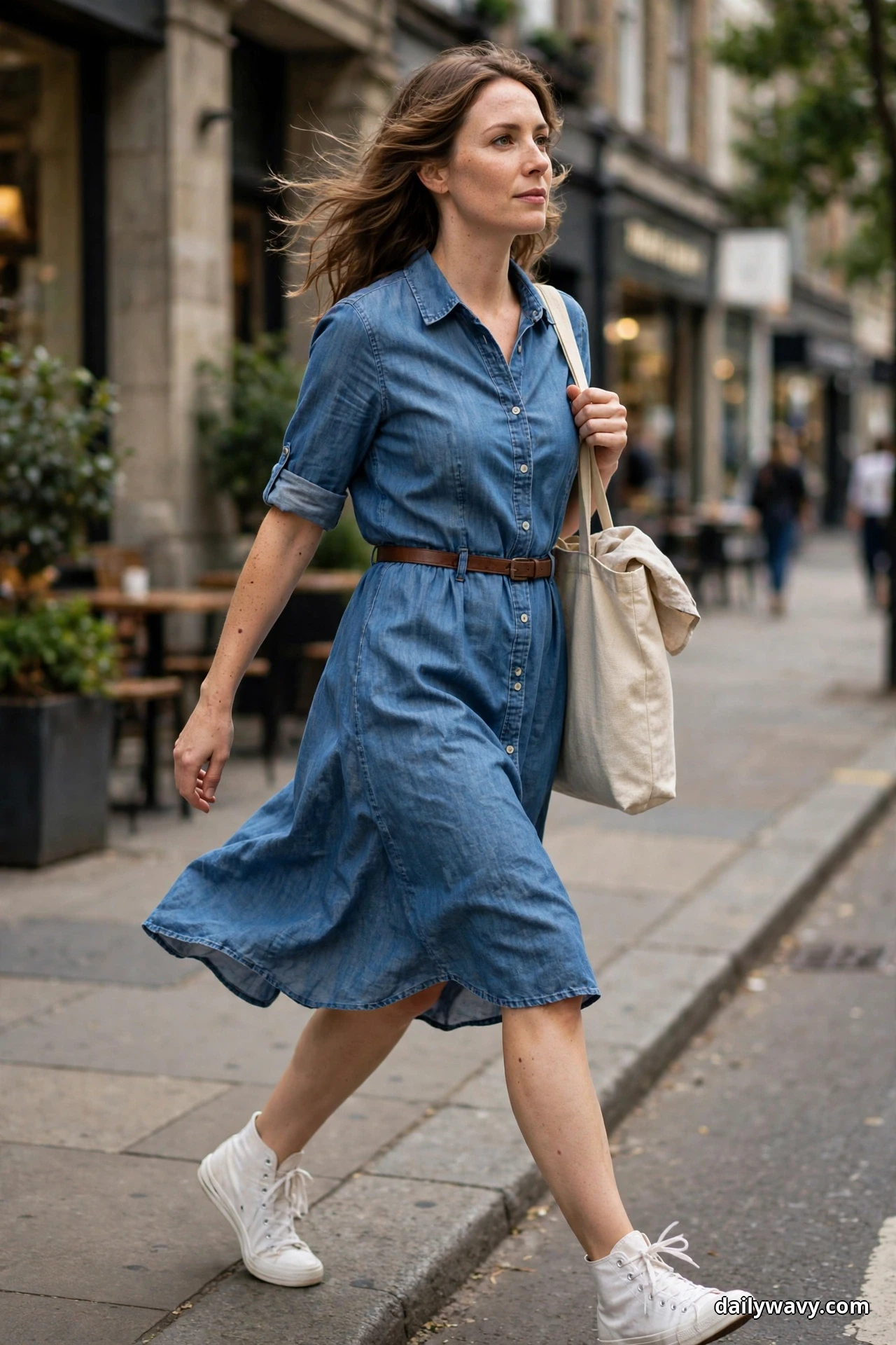 A woman wearing a blue chambray shirt dress with a slim brown belt walks along a city sidewalk carrying a natural canvas tote, with white canvas high-top sneakers showing in full with each stride