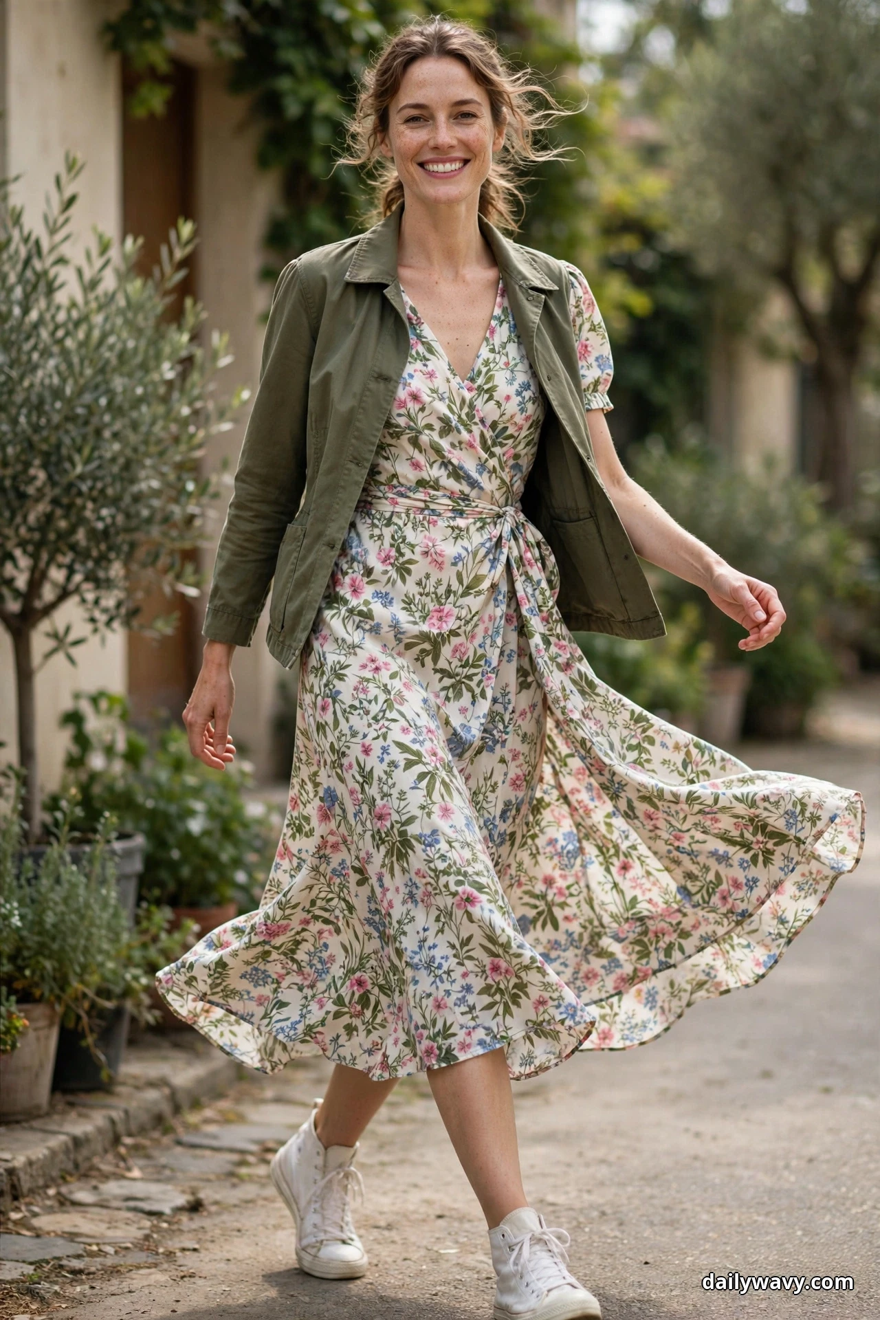 A woman wearing a floral printed midi wrap dress and an open olive jacket turns on a garden path in white canvas high-top sneakers that show in full below the dress hem