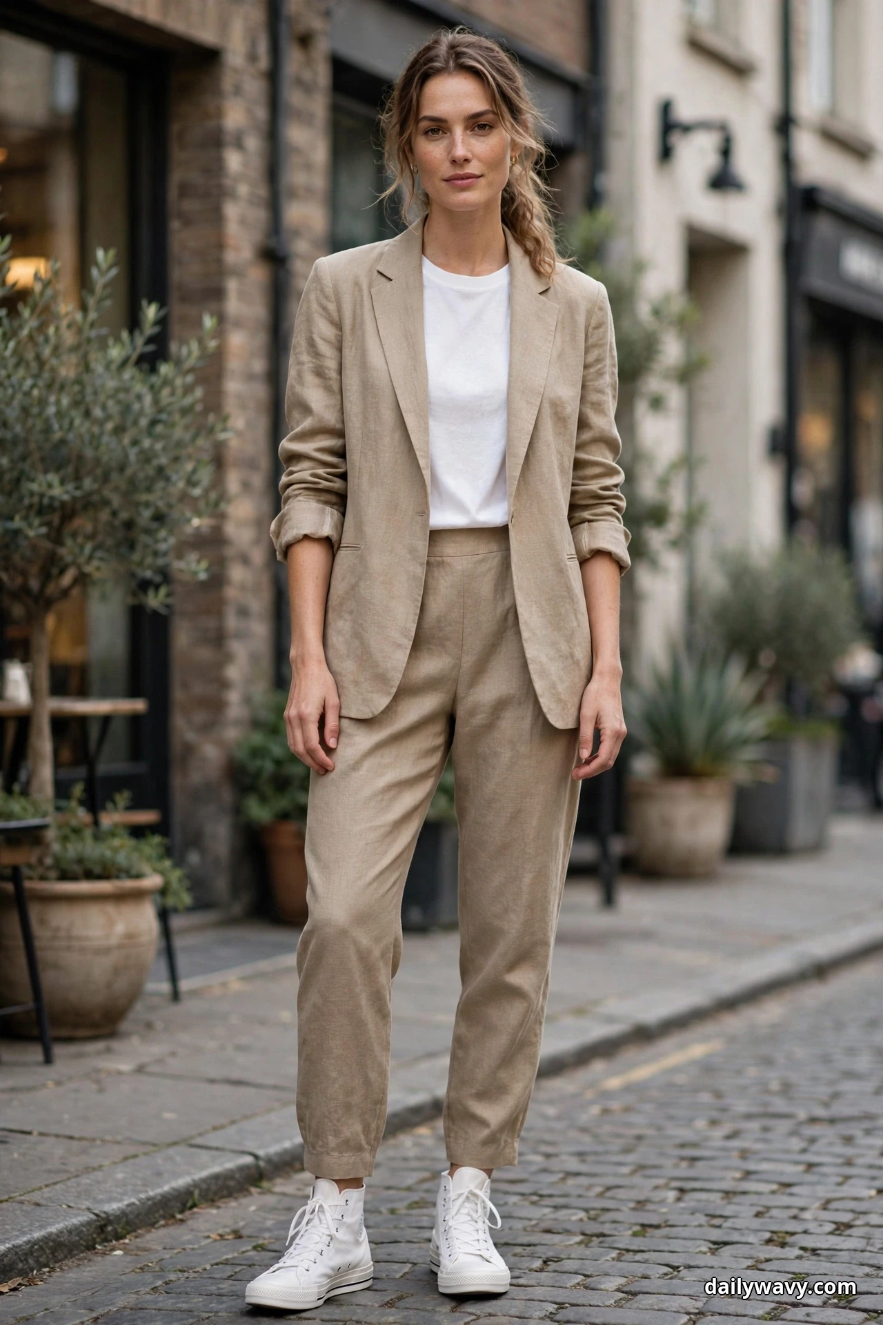 A woman wearing a sand relaxed suit over a white crewneck tee stands on a cobbled street in white canvas high-top sneakers showing fully below the tapered trouser hems