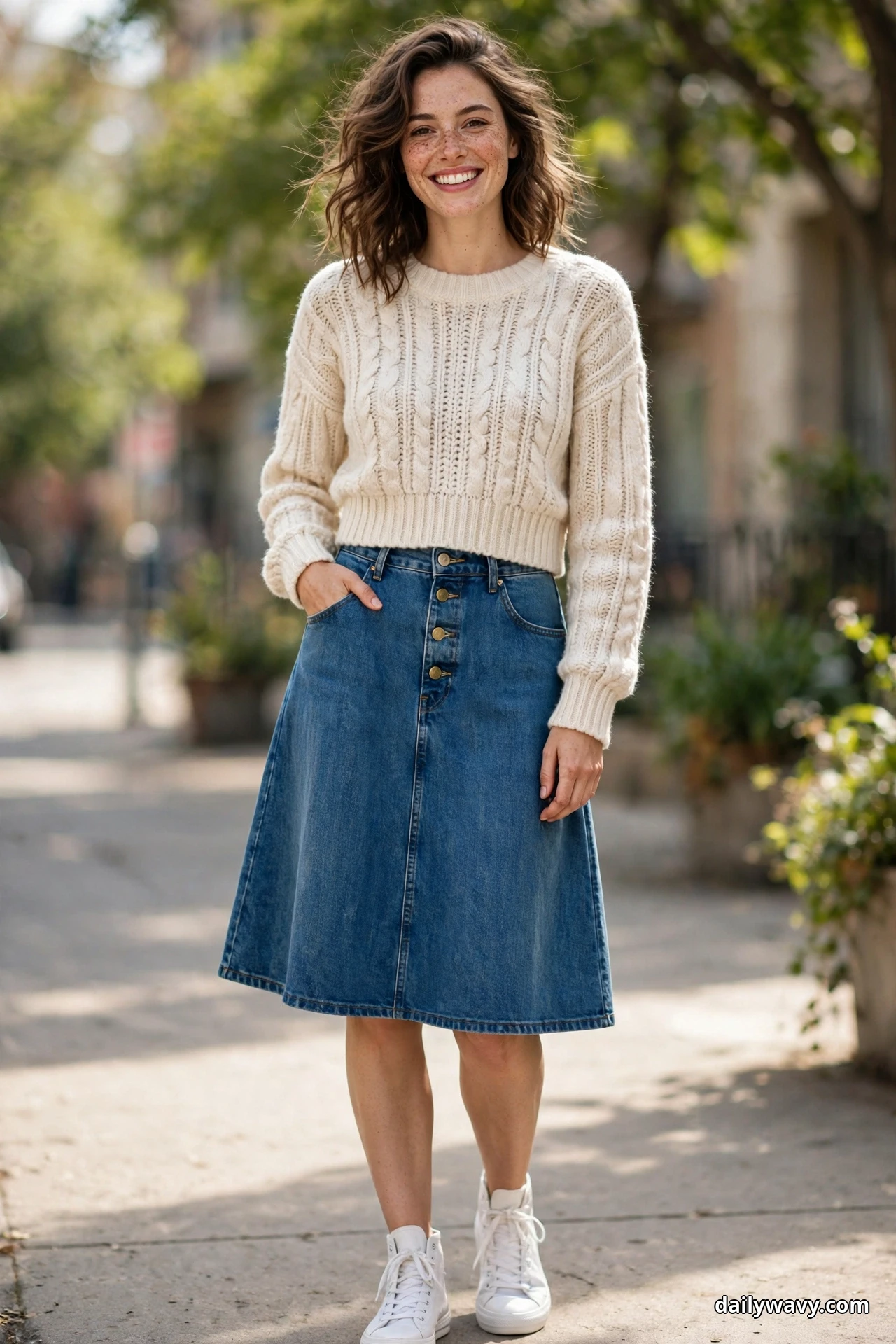 A woman wearing a denim A-line skirt, a cream cable cropped knit and white canvas high-top sneakers stands outdoors on a street with both sneakers showing fully below the skirt hem