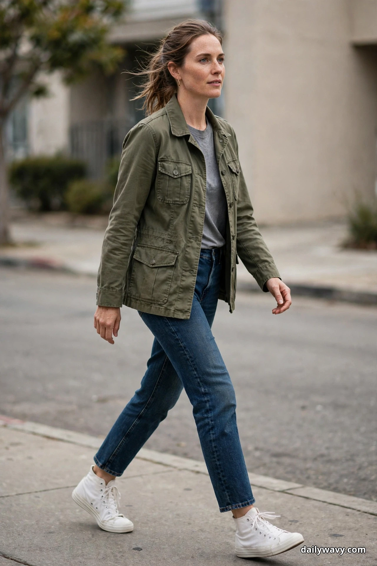 A woman wearing dark straight jeans, a gray tee and an olive utility jacket with flap pockets walks along a sidewalk in white canvas high-top sneakers that show in full with each stride