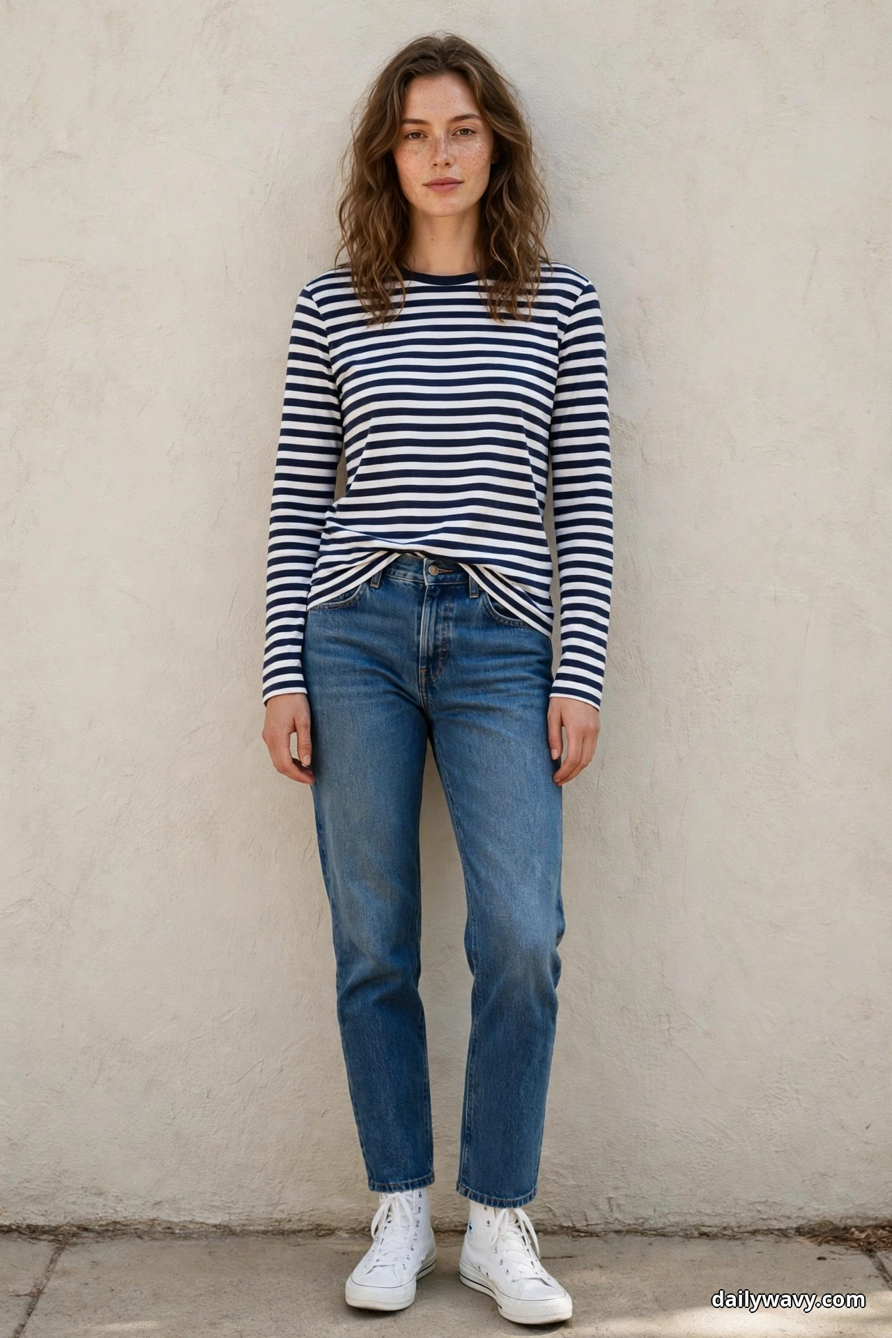 A woman wearing medium-wash straight jeans, a navy and white striped long-sleeve tee and white canvas high-top sneakers stands full length against a textured wall with both sneakers showing fully below the ankle hems