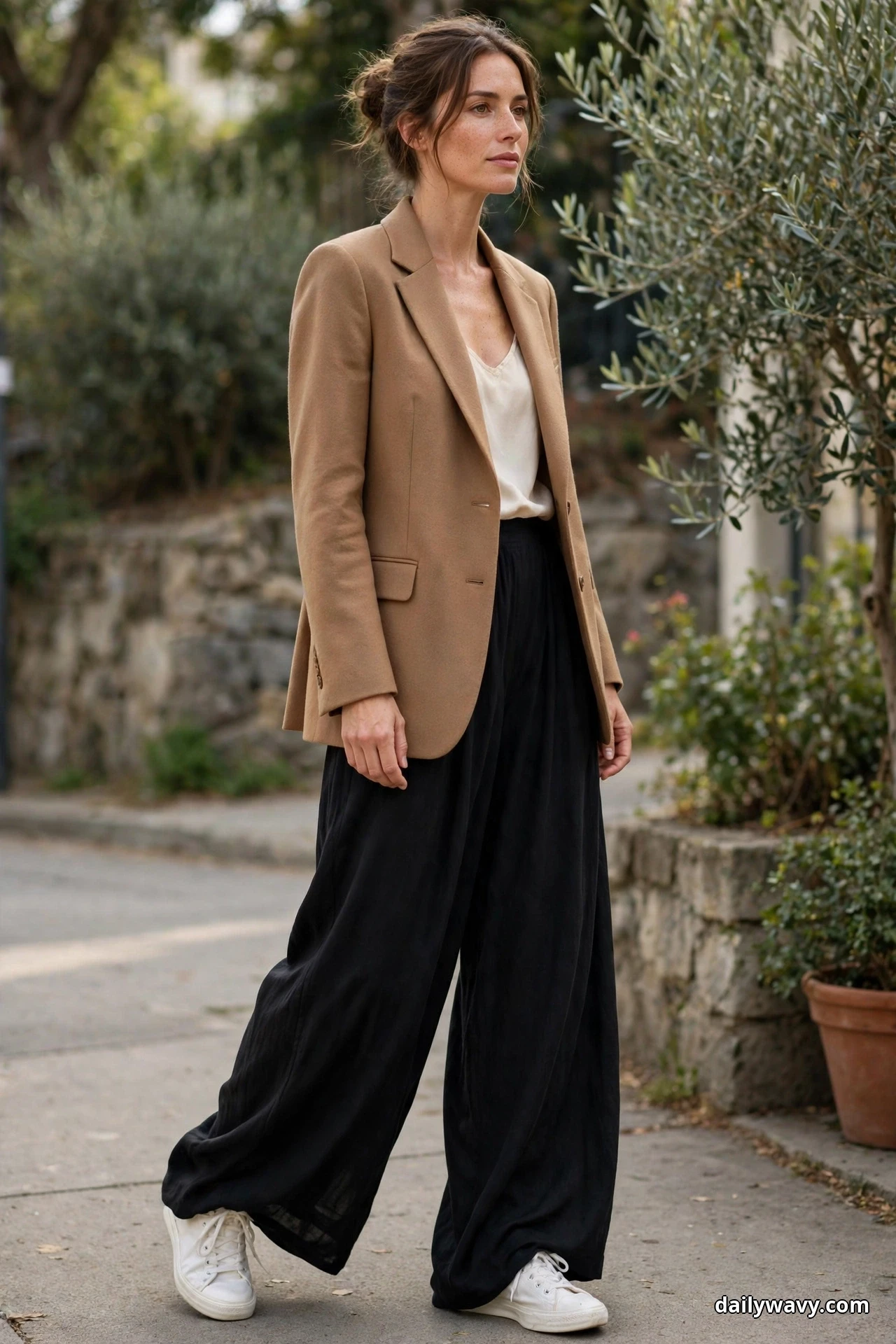 A woman wearing black wide trousers, a cream camisole and a camel tailored blazer walks outdoors with white sneakers peeking out from beneath the draped trouser hems, their toes and laces visible above the soles