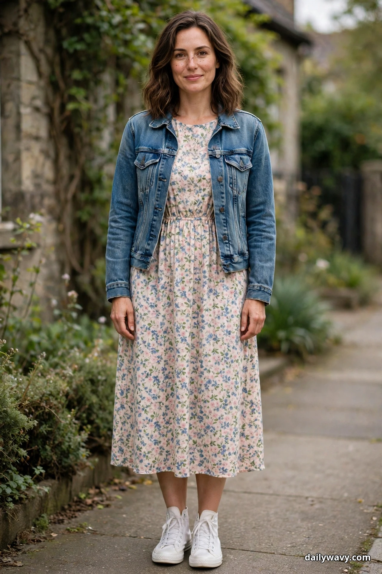 A woman wearing a small floral midi dress and a medium-wash denim jacket stands on a garden path in white canvas high-top sneakers showing fully below the dress hem