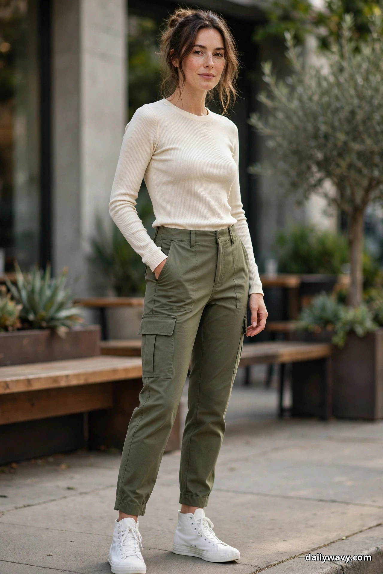 A woman wearing olive tapered cargo trousers, a cream fitted ribbed knit and white canvas high-top sneakers stands outdoors with both sneakers showing fully below the cuffed hems
