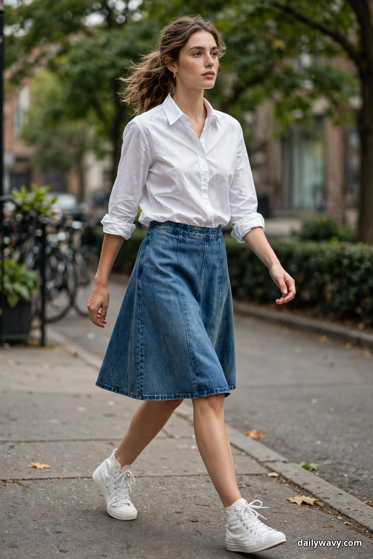A woman wearing a white cotton button-down shirt and a denim A-line skirt walks along a sidewalk in white canvas high-top sneakers that show in full with each stride
