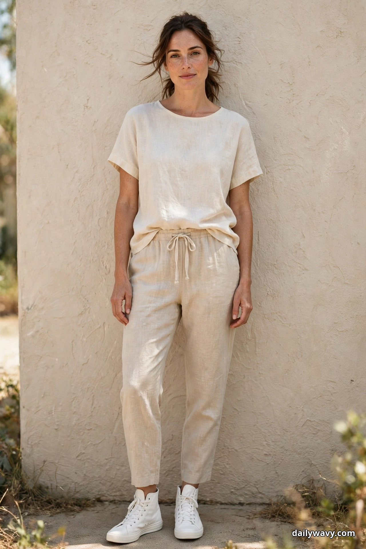 A woman wearing natural drawstring linen trousers, a relaxed cream short-sleeve top and white canvas high-top sneakers stands full length against a textured wall with both sneakers showing fully below the tapered hems