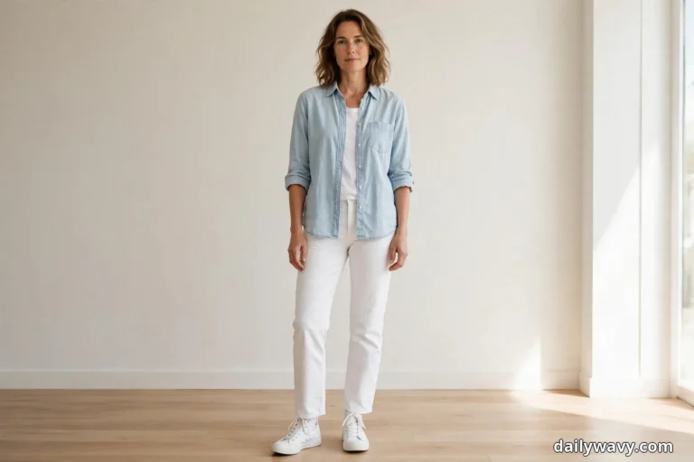 A woman wearing white straight jeans, an open light chambray shirt over a white tee and white canvas high-top sneakers stands full length indoors on a wood floor with both sneakers showing fully below the ankle hems