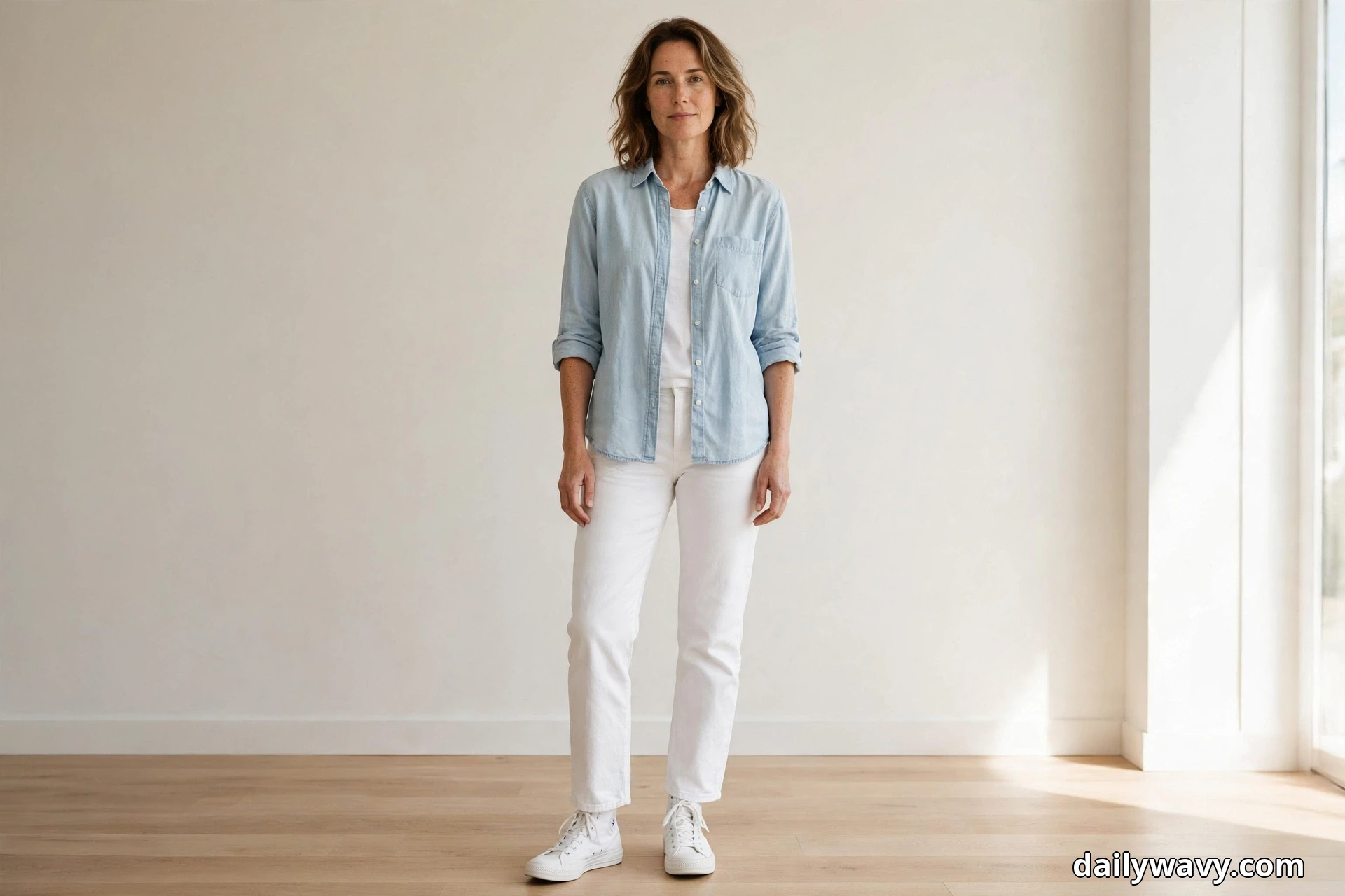 A woman wearing white straight jeans, an open light chambray shirt over a white tee and white canvas high-top sneakers stands full length indoors on a wood floor with both sneakers showing fully below the ankle hems