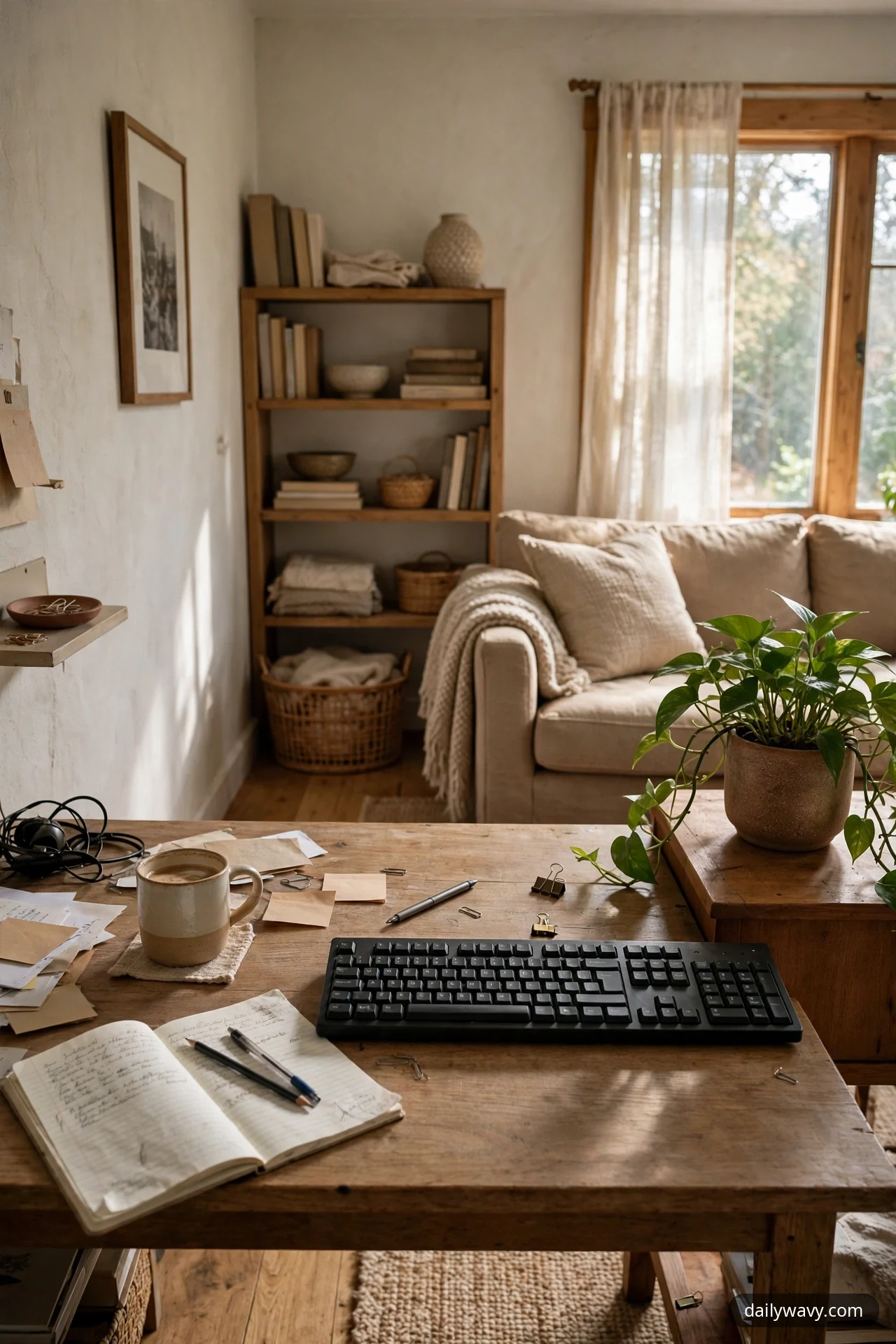 A closer view shows a trailing pothos in a speckled stoneware pot on a wooden side table at the edge of the desk, its vines clear of the black keyboard in front of it.
