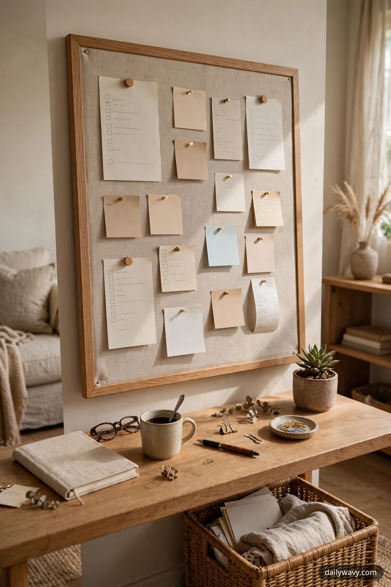 A large fabric pinboard in a light wood frame hangs above the desk, holding a single layer of pinned notes, checklists and sticky notes.