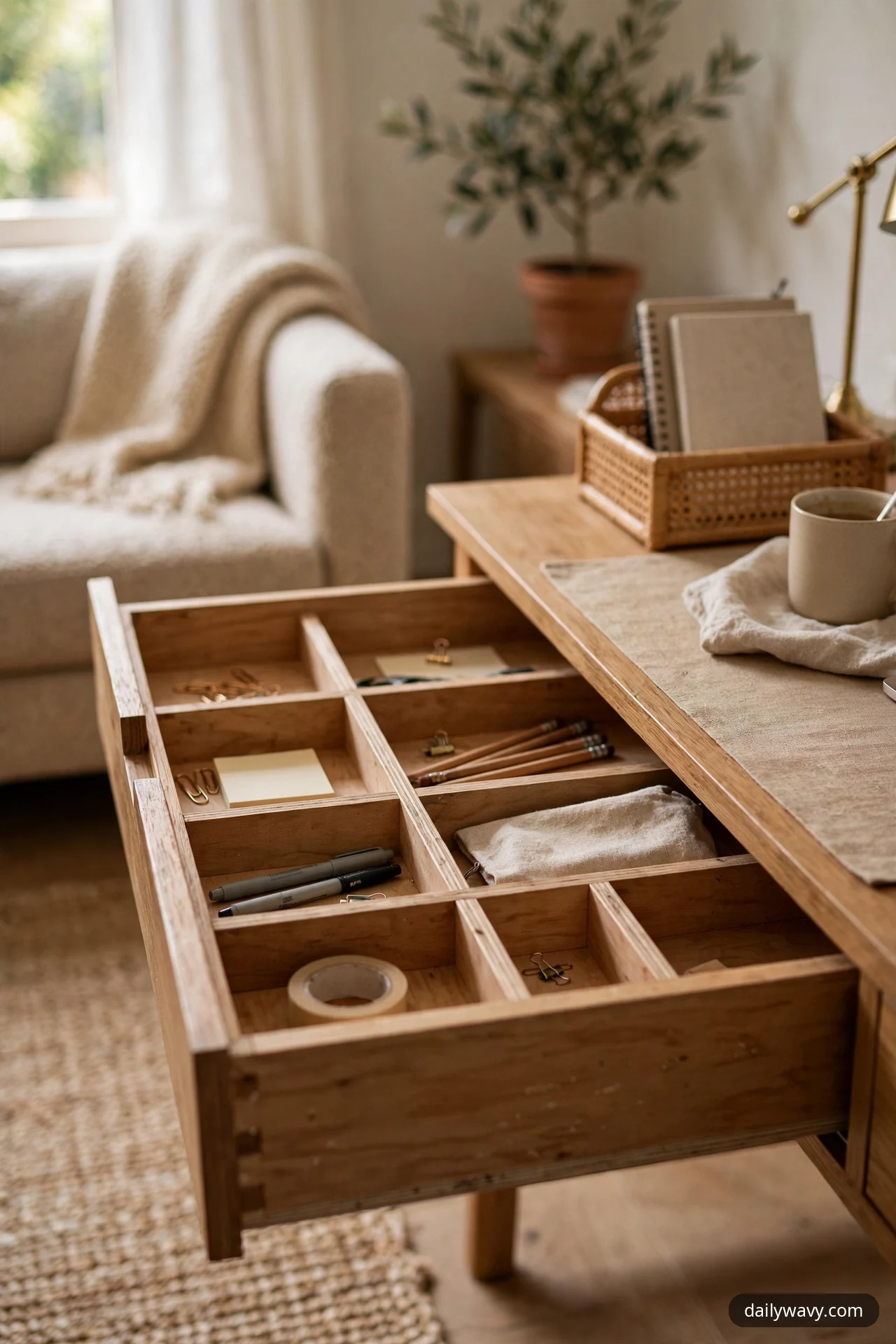 An open shallow desk drawer reveals a wooden divider tray whose compartments hold pens, pencils, paper clips, sticky notes and a roll of tape.