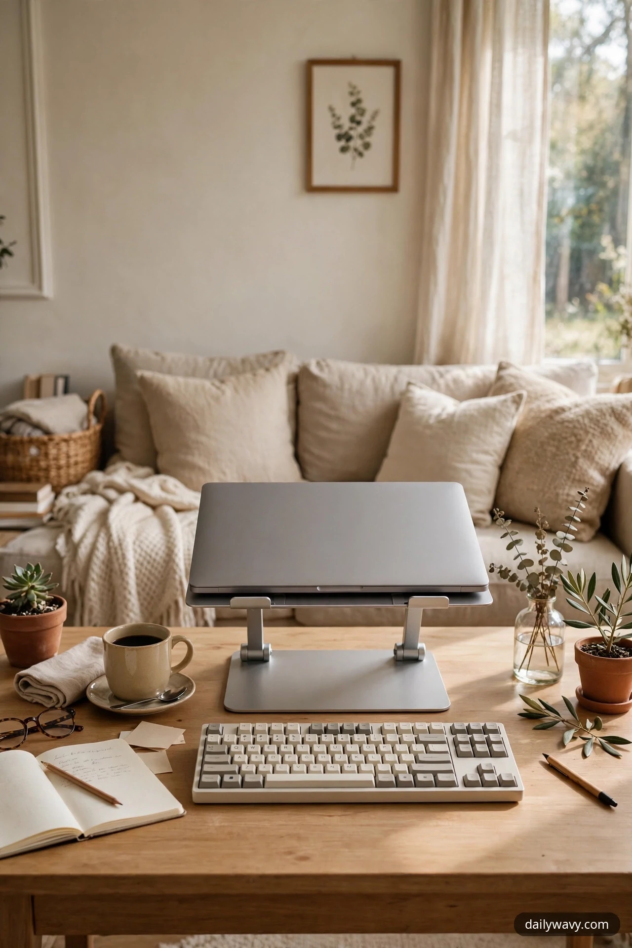 A closed silver laptop rests on a raised metal stand in front of a linen sofa, with a separate white keyboard on the desk in front of it.