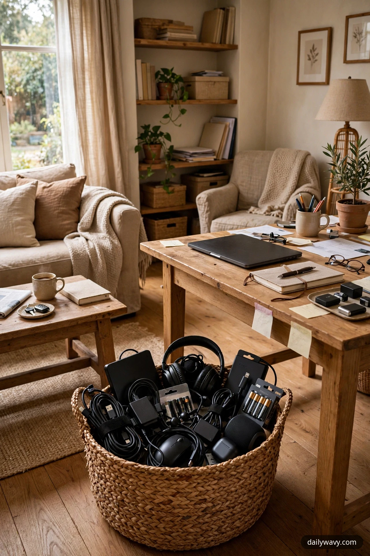 A large woven seagrass basket sits open on the floor beside the desk, filled with spare headphones, coiled cables, chargers and a computer mouse.