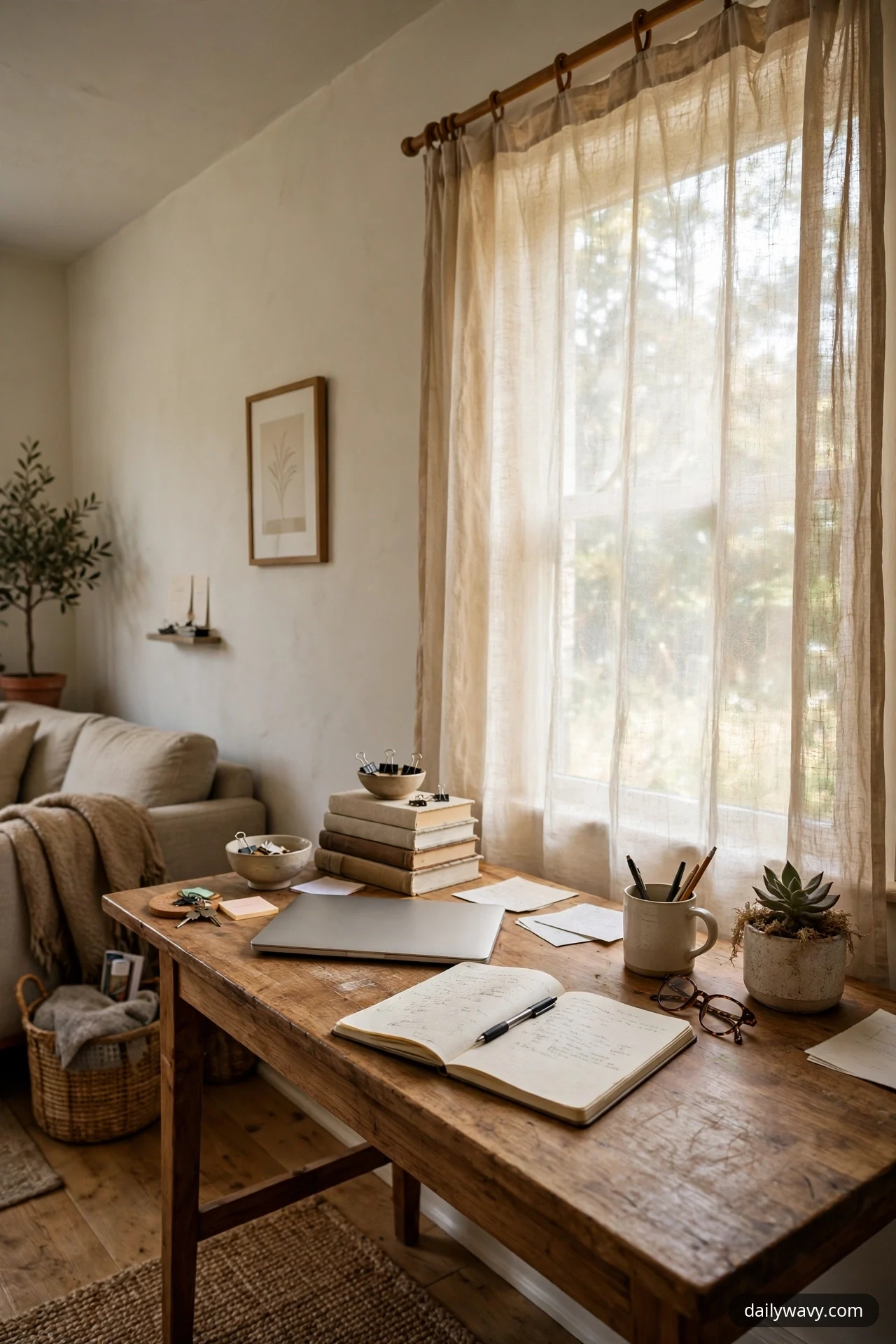 A sheer linen curtain hangs on a wooden rod beside the desk, softening the daylight from the tall window behind the work surface.