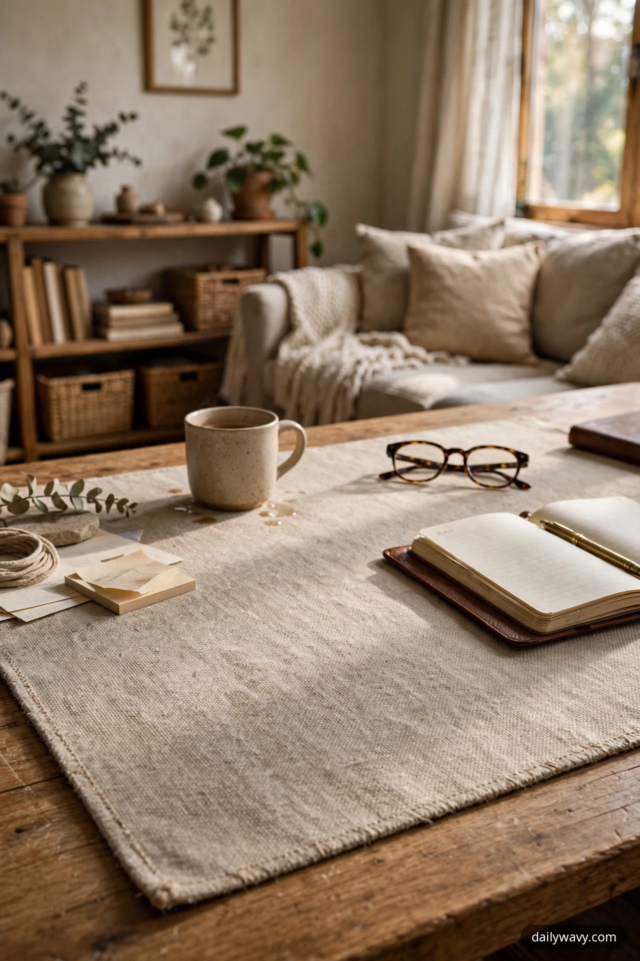 A large natural linen desk mat covers most of the wooden desk, defining the work zone under a mug, a pair of glasses and an open notebook.