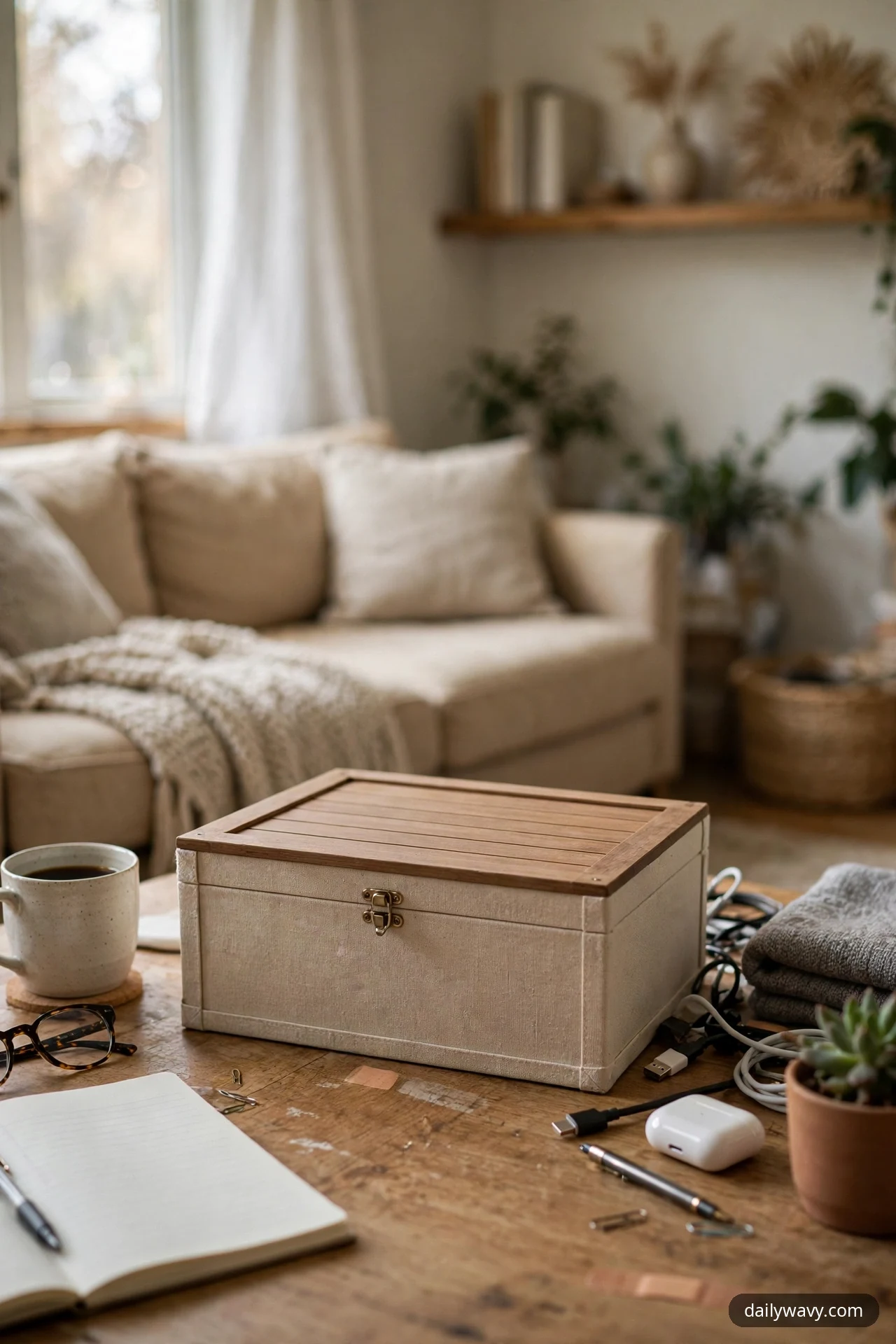 A closed fabric cable box with a slatted wood lid sits on the desk, with loose charging cables and an earbud case gathered beside it.