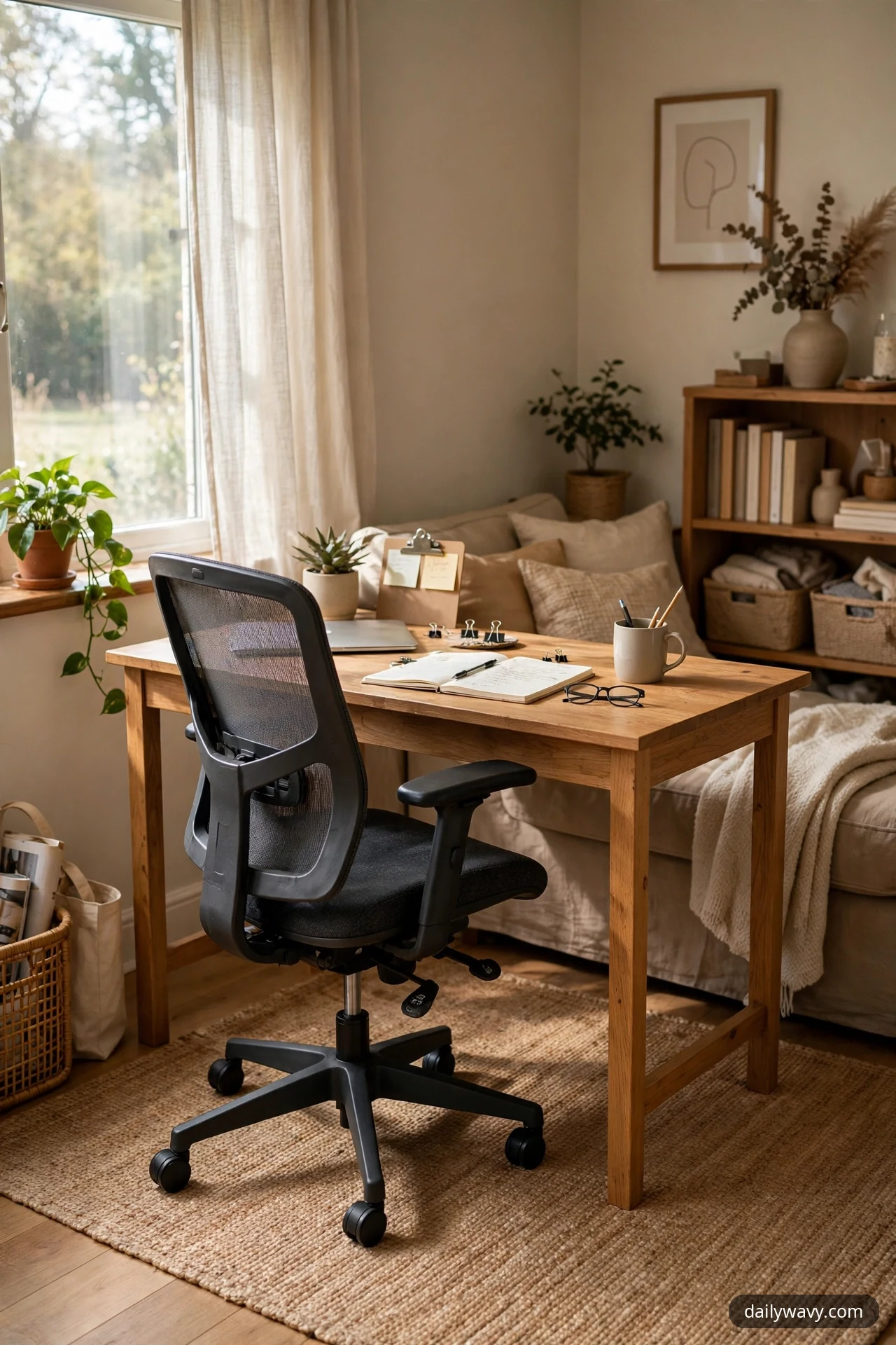 A black mesh adjustable task chair with a five-star caster base stands pulled up to the wooden desk, with clear legroom and open floor space around it.