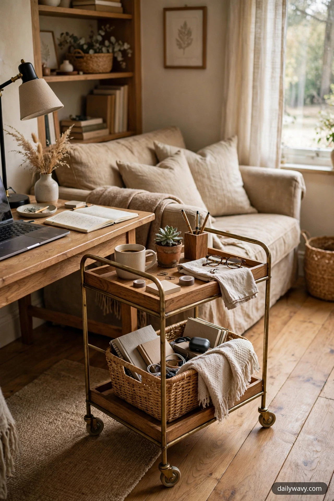 A brass and wood rolling cart stands beside the desk, its top tray holding a mug, a pen pot and glasses, with a woven basket of notebooks on the shelf below.