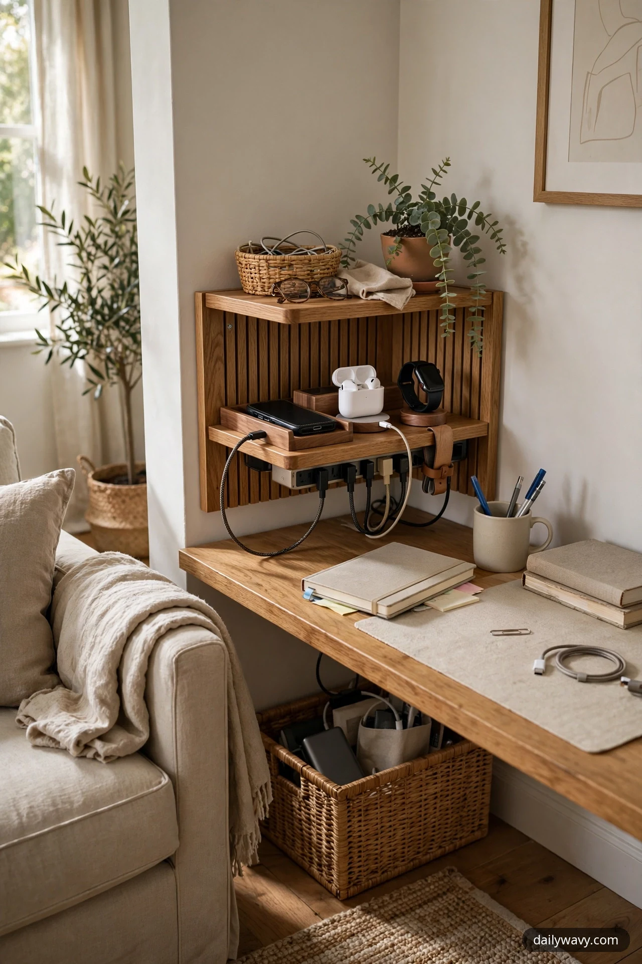 A wall-mounted wooden charging shelf above the desk holds a phone, an earbud case and a smartwatch on their docks, with a single power strip plugged in beneath it.
