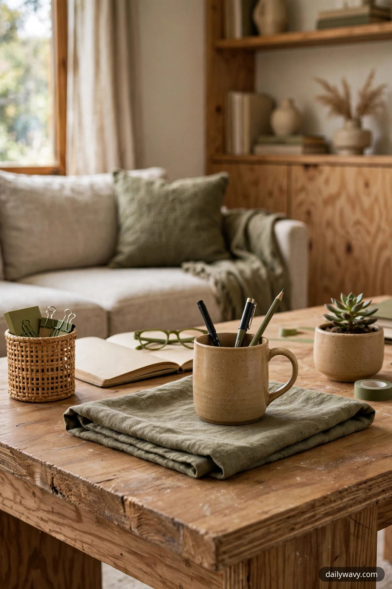 Desk accessories in a restrained stoneware and sage-green palette, a ceramic mug holding pens, a woven basket of clips and a small potted succulent, sit on the wooden desk.