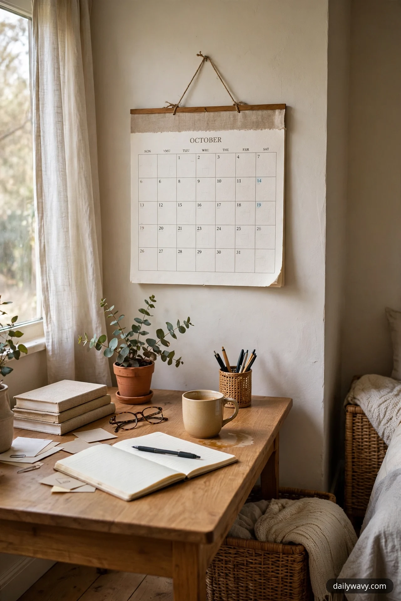 A large monthly wall calendar hangs from a twine loop on the wall beside the window, above a desk with a pen pot and an open notebook.