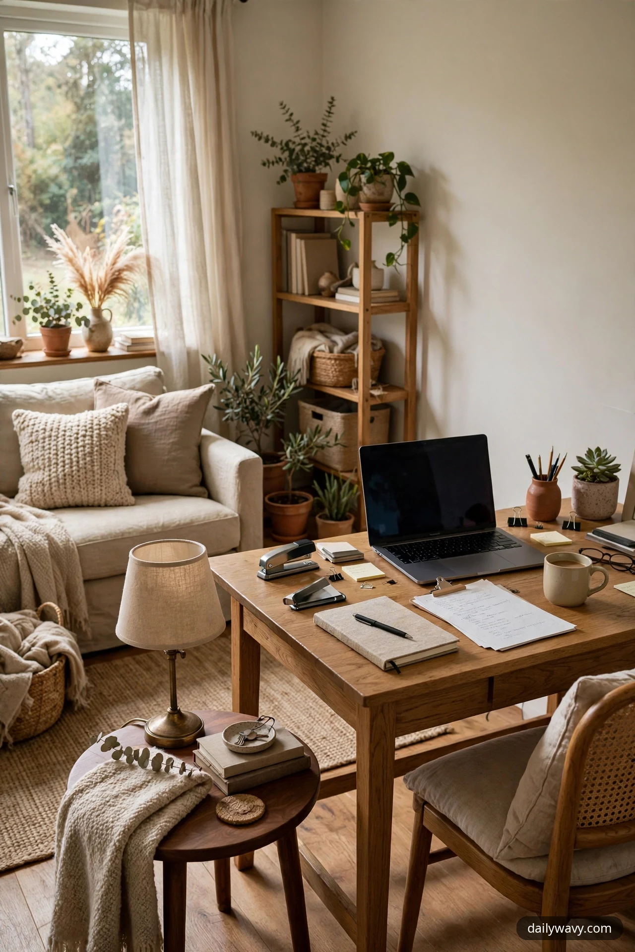A compact brass table lamp with a linen shade stands on a small round side table beside the desk, off the main work surface.