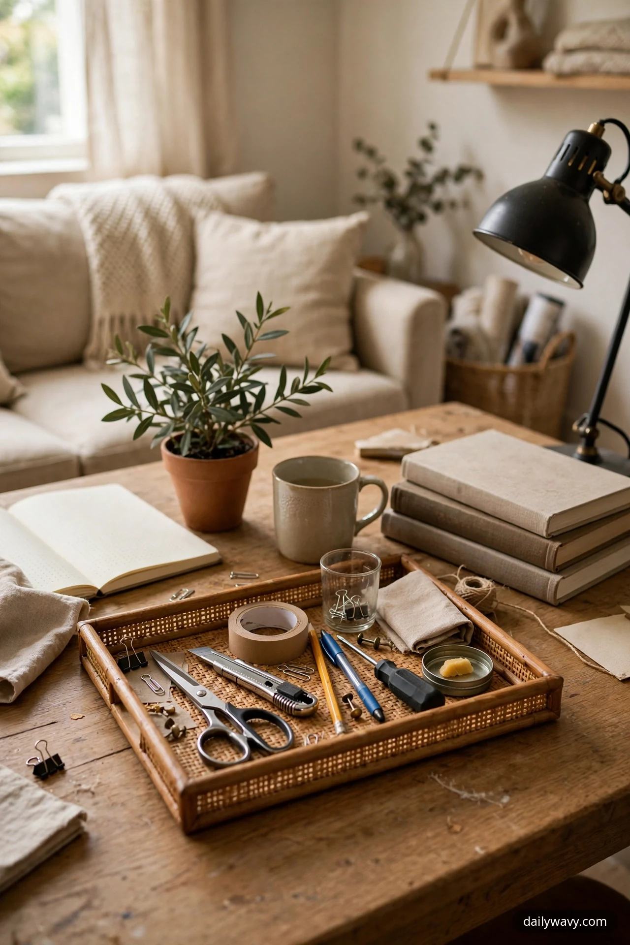 A shallow rattan tray on the desk corrals everyday tools, scissors, a craft knife, tape, pens and binder clips, into one liftable zone.