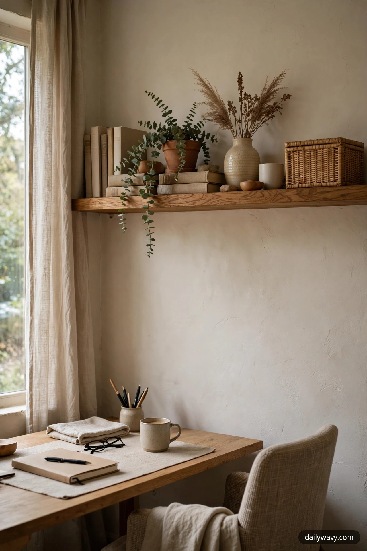 A long wooden shelf mounted high above the desk holds books, a trailing potted plant, a vase of dried grasses and a lidded woven box, clear of the seated sight line.
