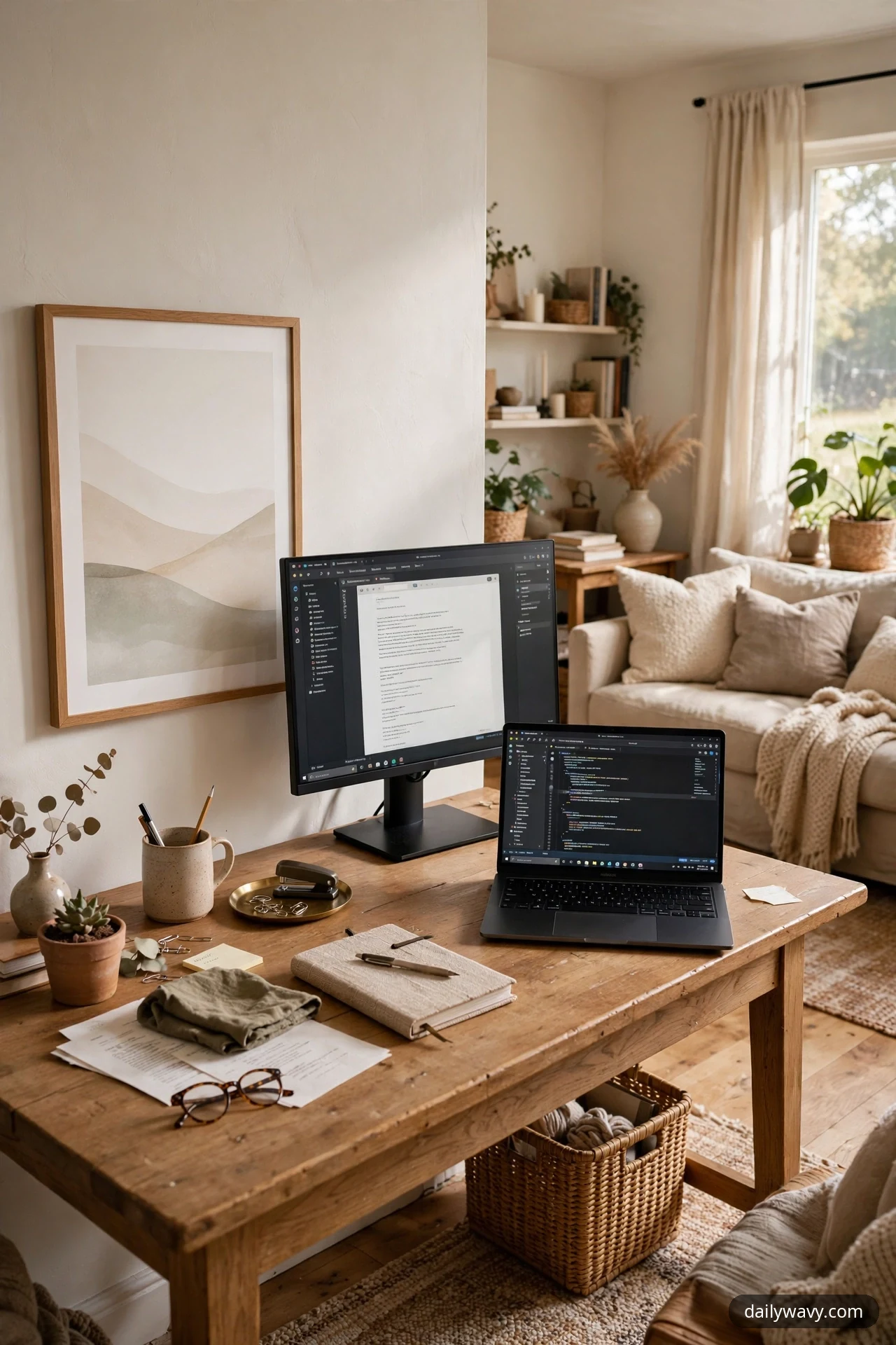 A large framed abstract landscape print in muted beige and sage hangs on the wall beside the monitor and laptop on the desk.