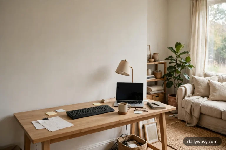 A wide view of a living room work corner shows a light wood desk with an open laptop, a separate keyboard and a shaded desk lamp, with a linen sofa and a tall plant beside the window beyond.
