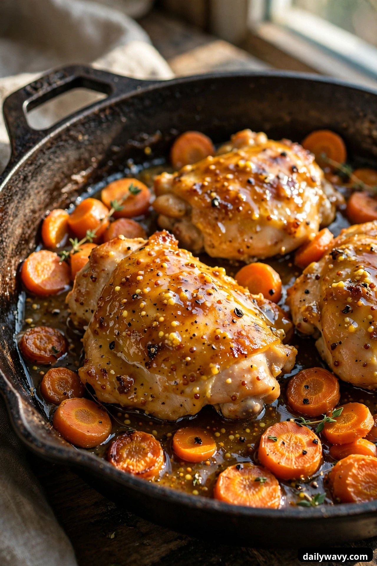 A close view shows glazed chicken pieces and tender carrot coins coated in honey mustard sauce in a cast iron skillet.