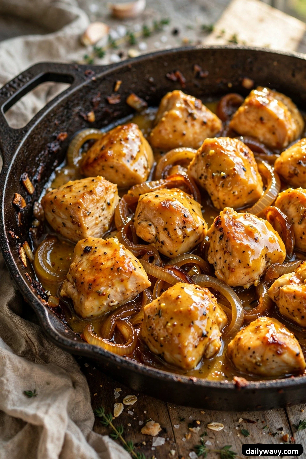 A close view shows bite-size glazed chicken pieces nestled among deep golden caramelized onion slices in a cast iron skillet.