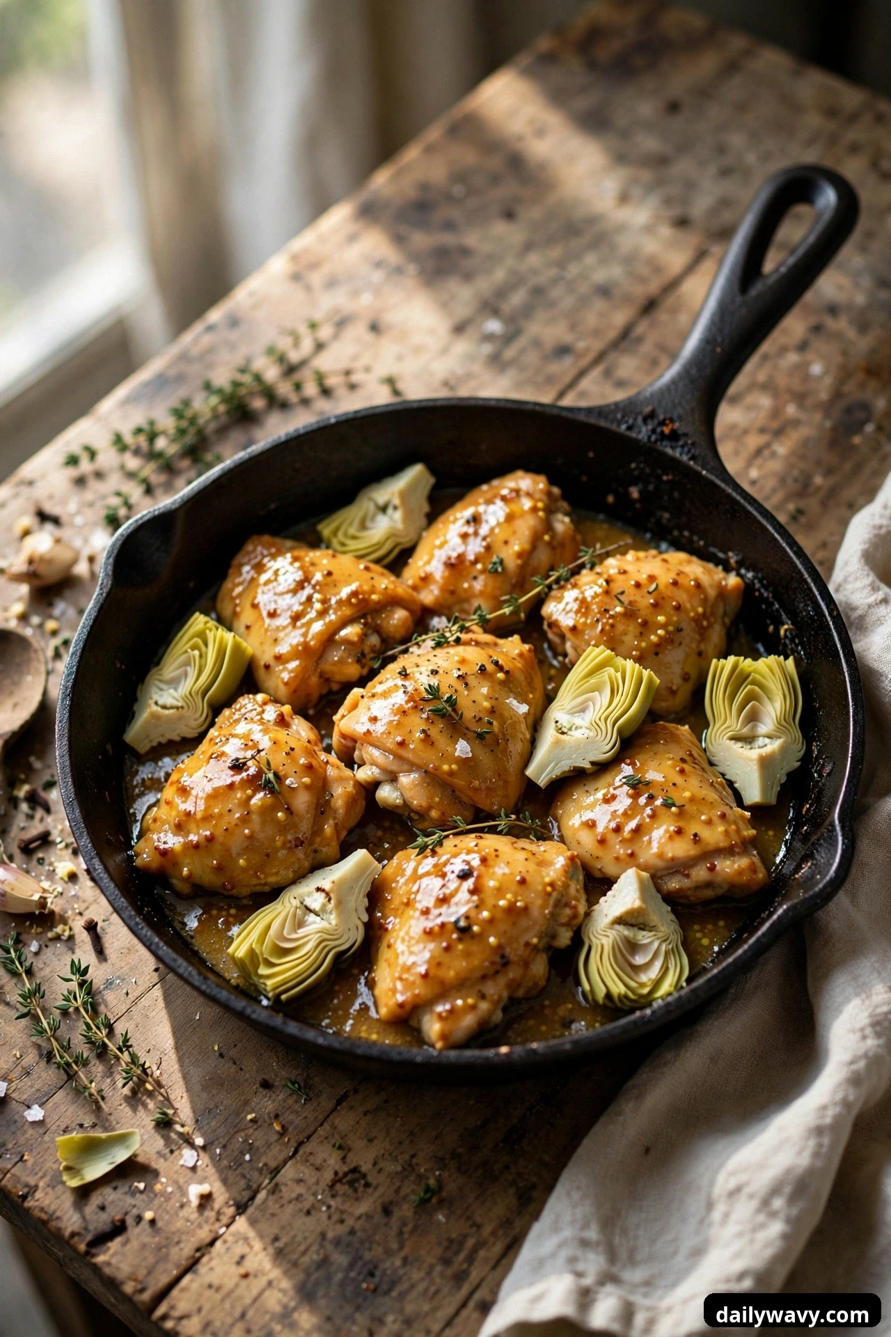 Glazed chicken pieces and halved artichoke hearts share a cast iron skillet coated in honey mustard sauce.