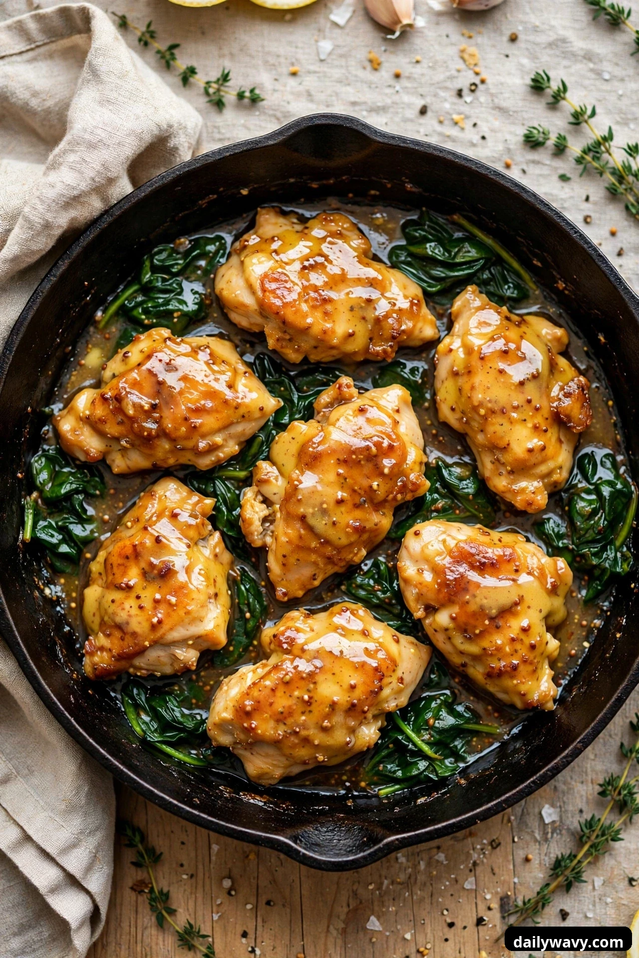 An overhead cast iron skillet holds glazed chicken pieces over wilted spinach in honey mustard sauce.