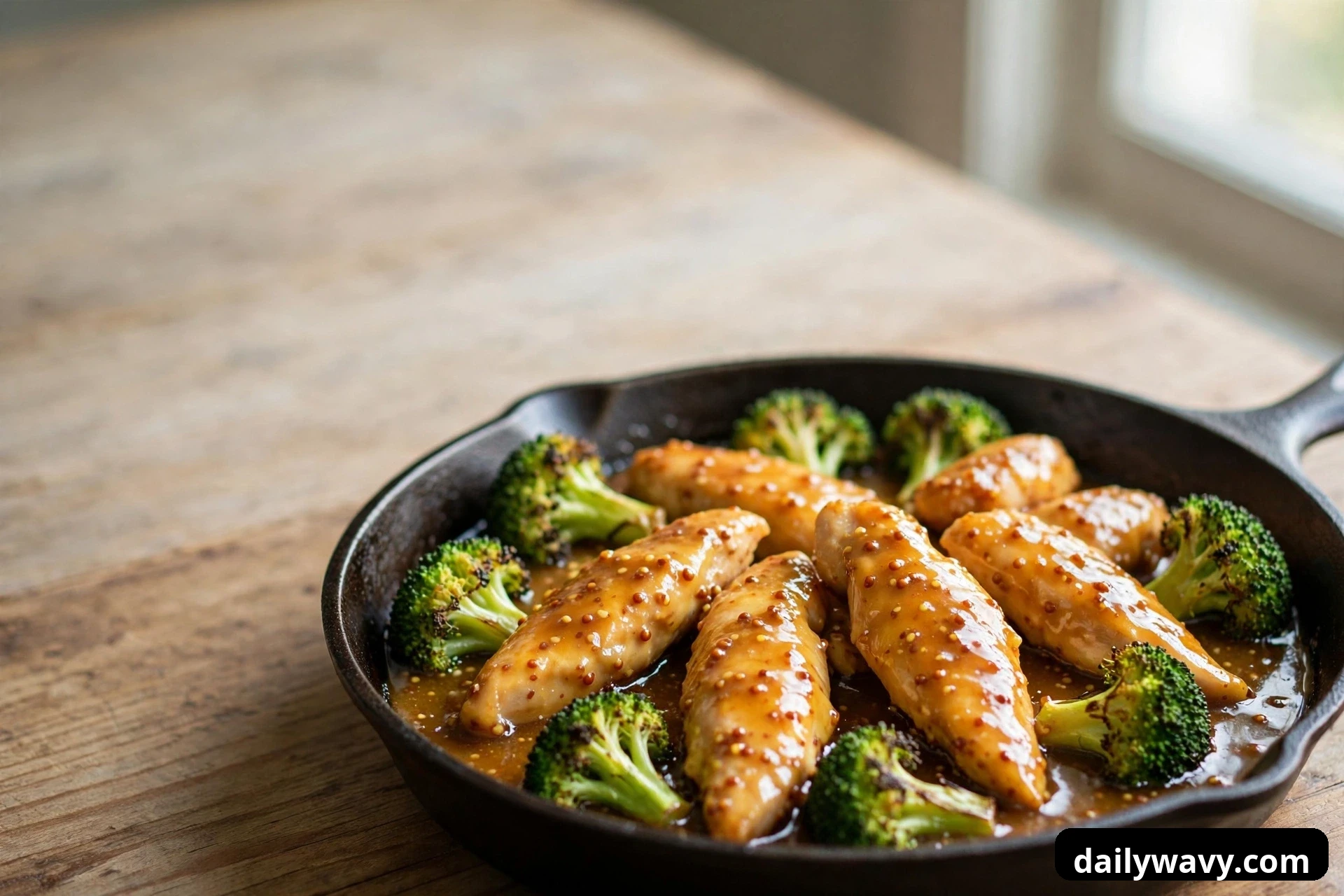 A three-quarter view shows a cast iron skillet of glossy honey mustard chicken strips and charred broccoli florets on a wooden table.