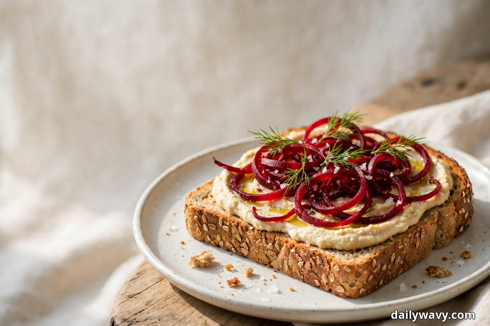 A thick slice of seeded toast spread with hummus and topped with curled roasted beet ribbons, dill and flaky salt rests on a white plate on a wooden board