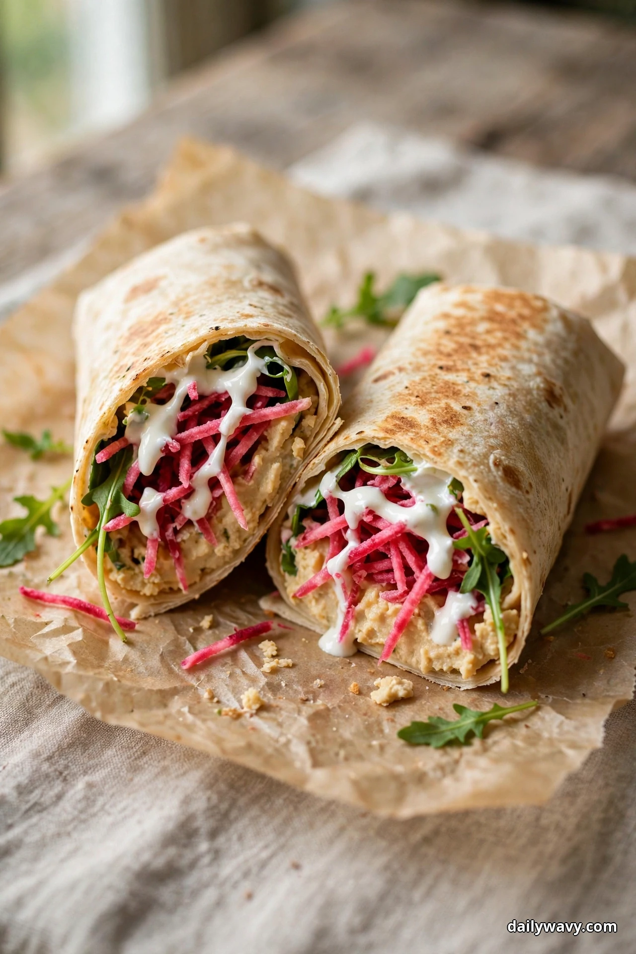 Two halves of a cut hummus wrap on parchment show shredded pink beet and arugula under a drizzle of white yogurt over the hummus layer