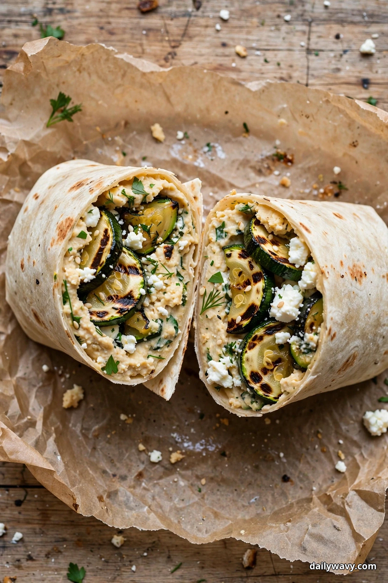 Two halves of a cut hummus wrap show char-marked grilled zucchini slices and crumbled feta over hummus on parchment over a wooden table