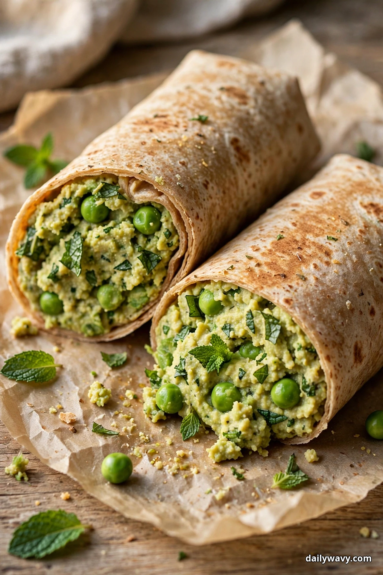 Two toasted wrap halves on parchment are filled with a green pea mixture studded with whole peas and torn mint leaves