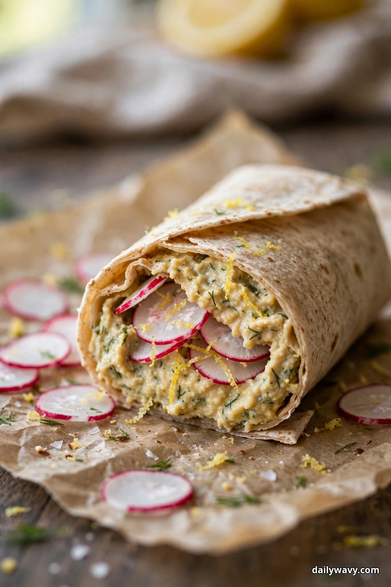 A cut hummus wrap on parchment shows thin radish coins layered through the hummus under strands of lemon zest, with more radish slices scattered around it
