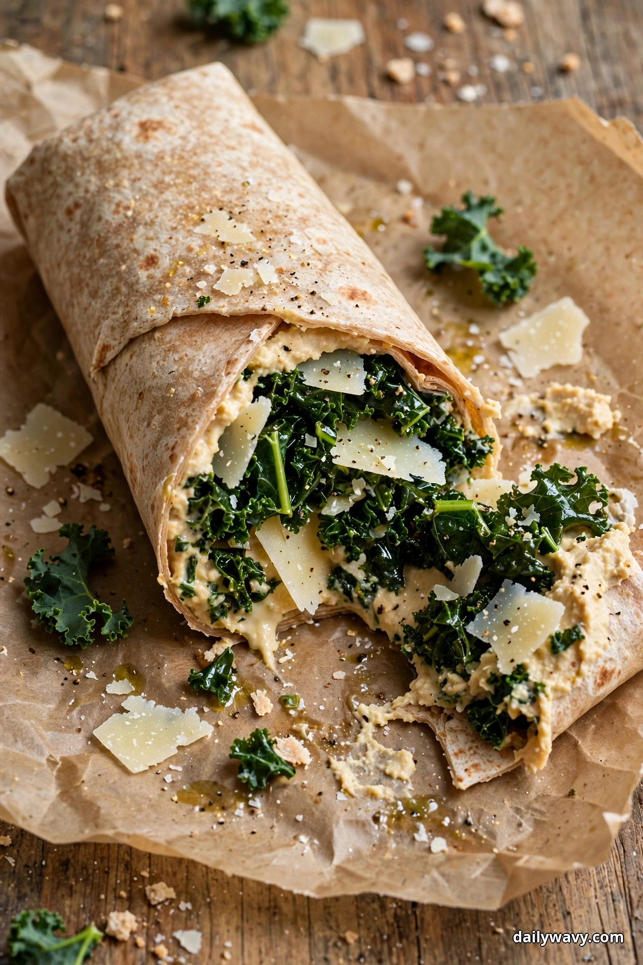 An open hummus wrap on parchment is piled with glossy massaged kale and large parmesan shavings, with more kale leaves and cheese scattered beside it