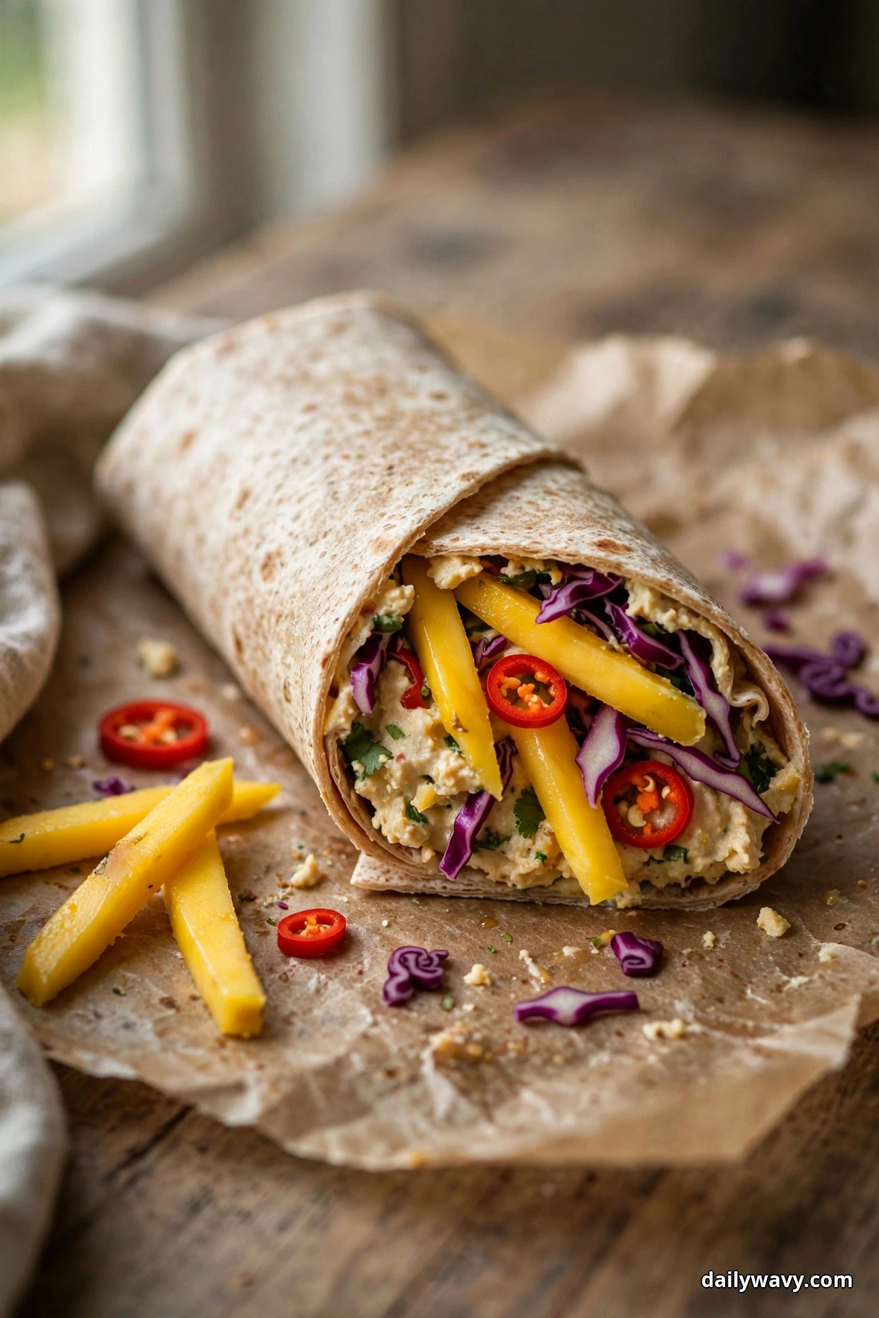 A cut hummus wrap on parchment shows mango strips, shredded red cabbage and red chili rings over hummus, with extra mango strips beside it