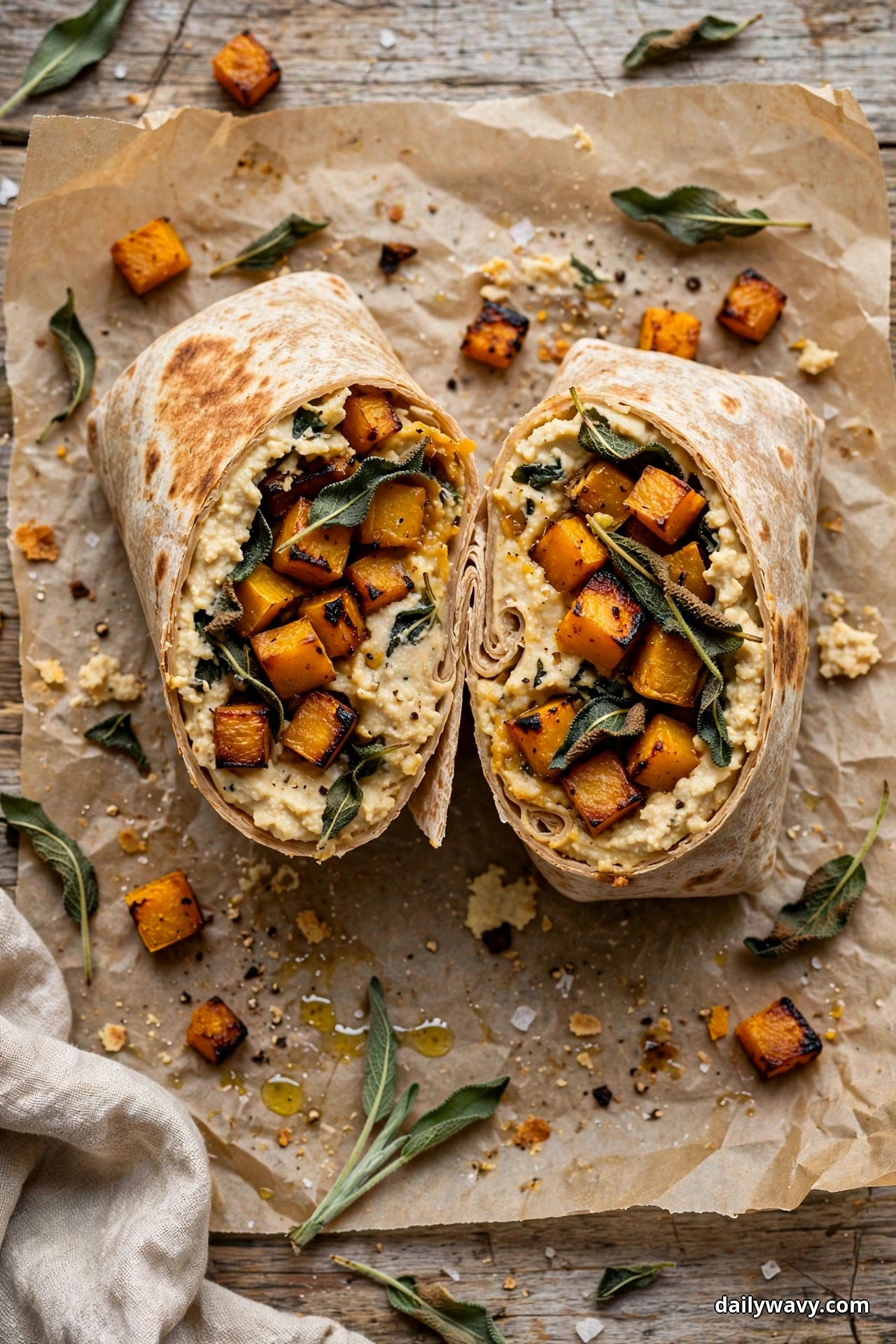 Two halves of a cut hummus wrap on parchment show caramelized roasted squash cubes and fried sage leaves over hummus, with loose squash cubes and sage scattered around