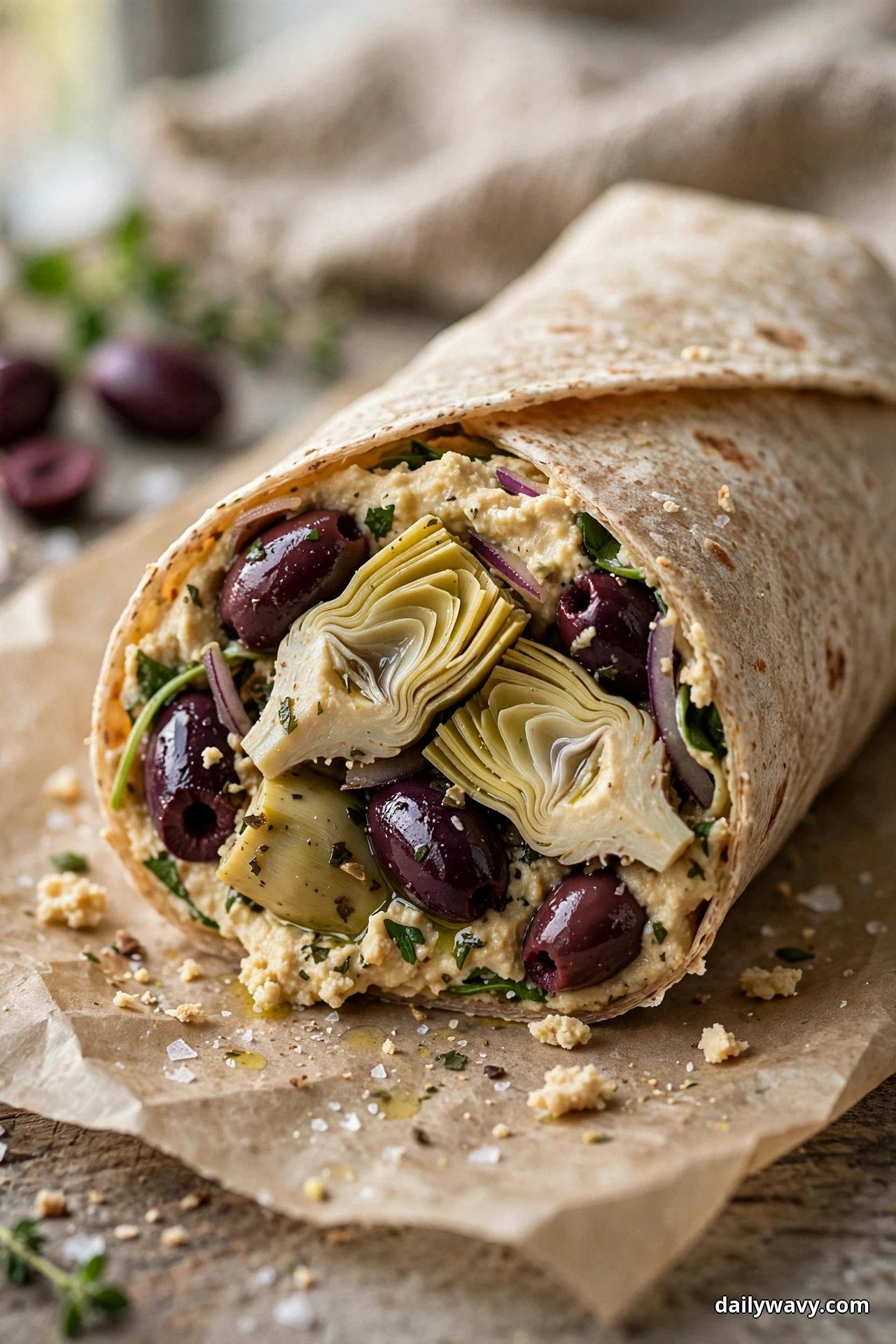 A cut hummus wrap on parchment shows quartered artichoke hearts and whole Kalamata olives packed into the hummus layer