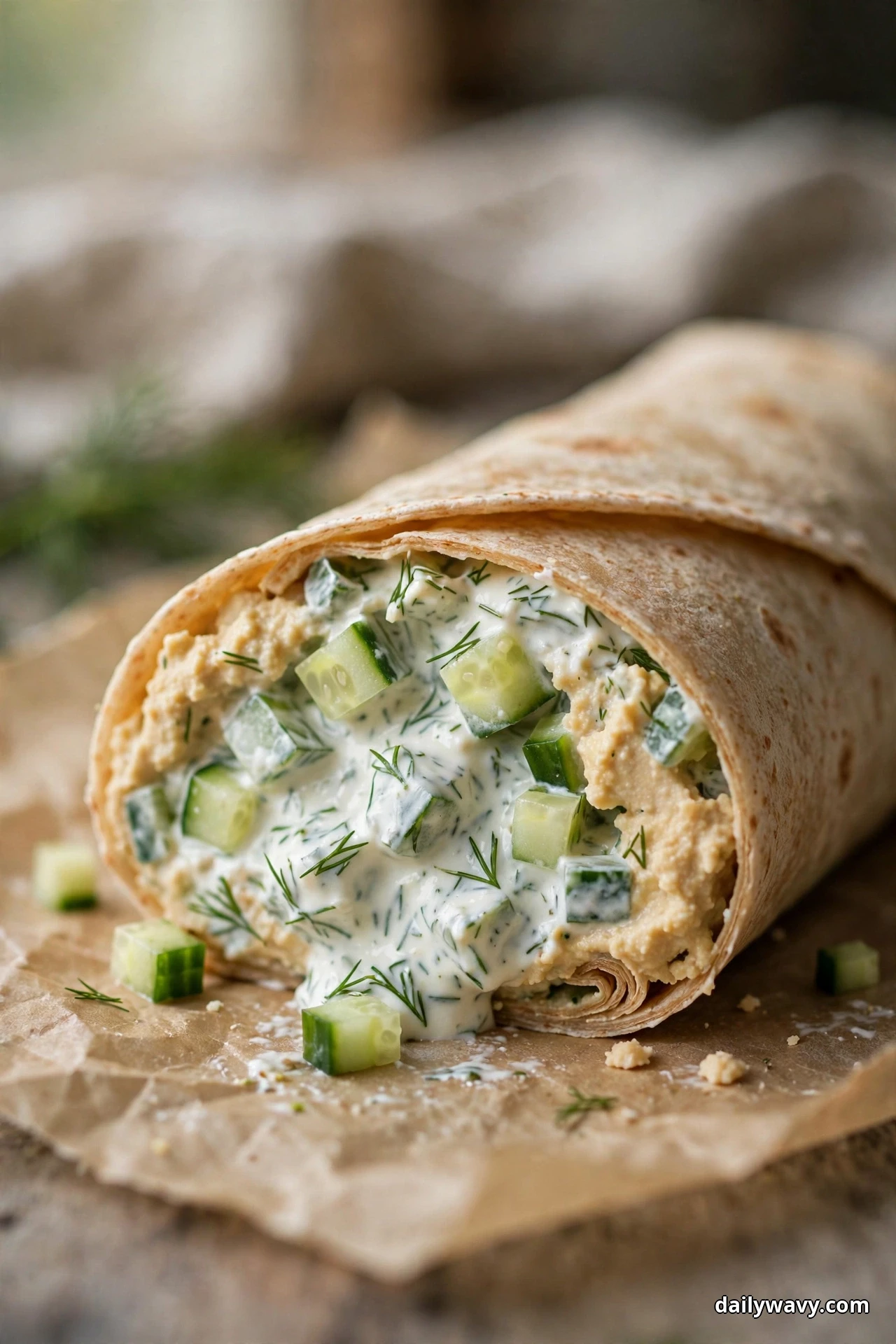 A cut hummus wrap on parchment shows diced cucumber folded through white dill yogurt over the hummus layer, with loose cucumber dice scattered beside it