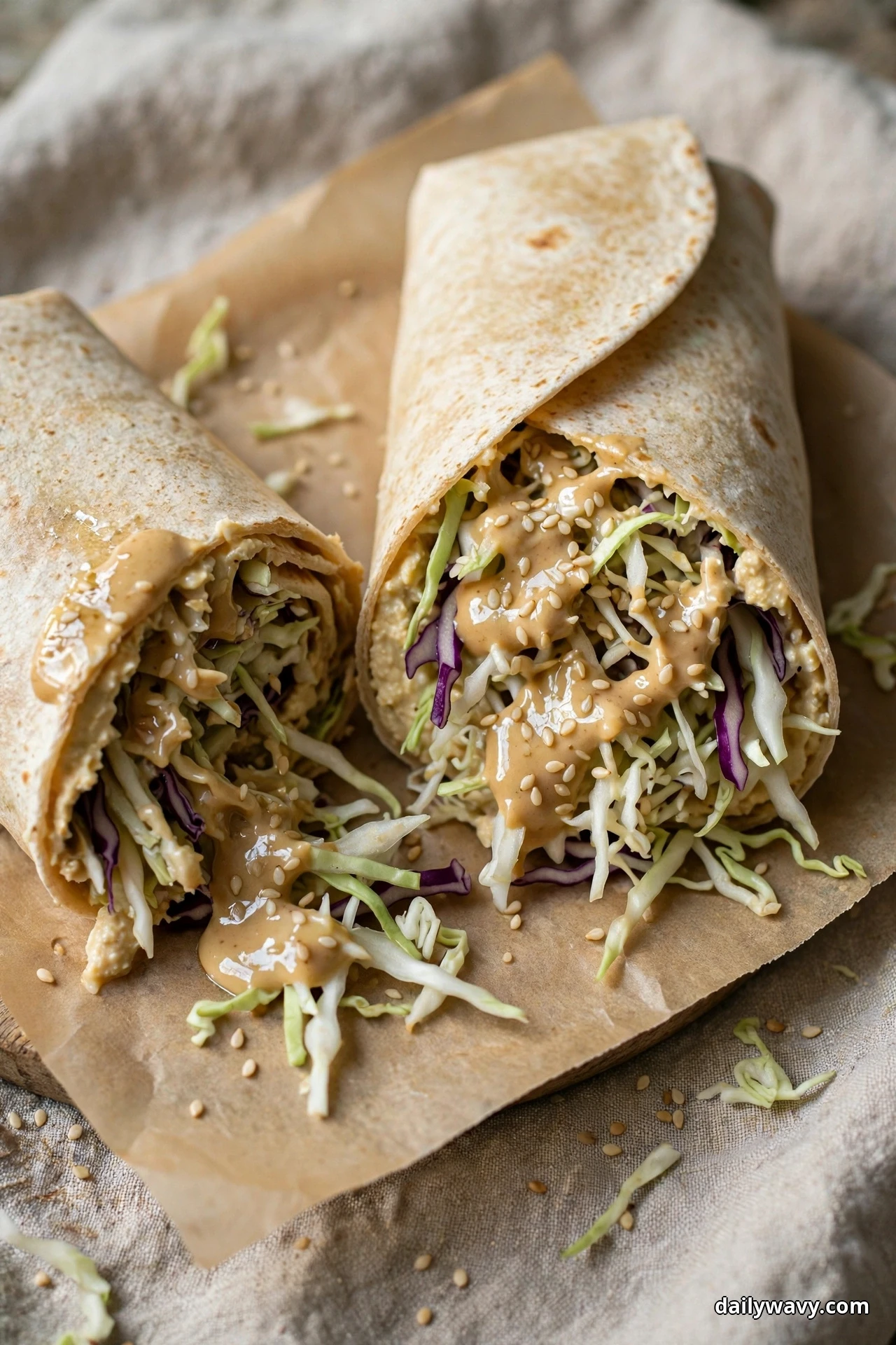 Two halves of a cut hummus wrap on parchment show shredded cabbage drizzled with tan sesame sauce and sprinkled with sesame seeds