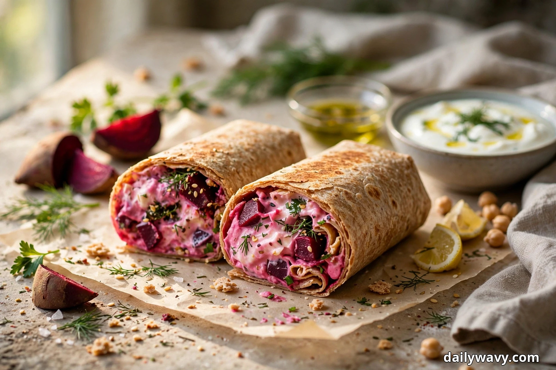 Two halves of a cut beet hummus wrap with pink filling rest on parchment beside beet wedges, lemon wedges, scattered chickpeas and a bowl of yogurt on a linen-covered table