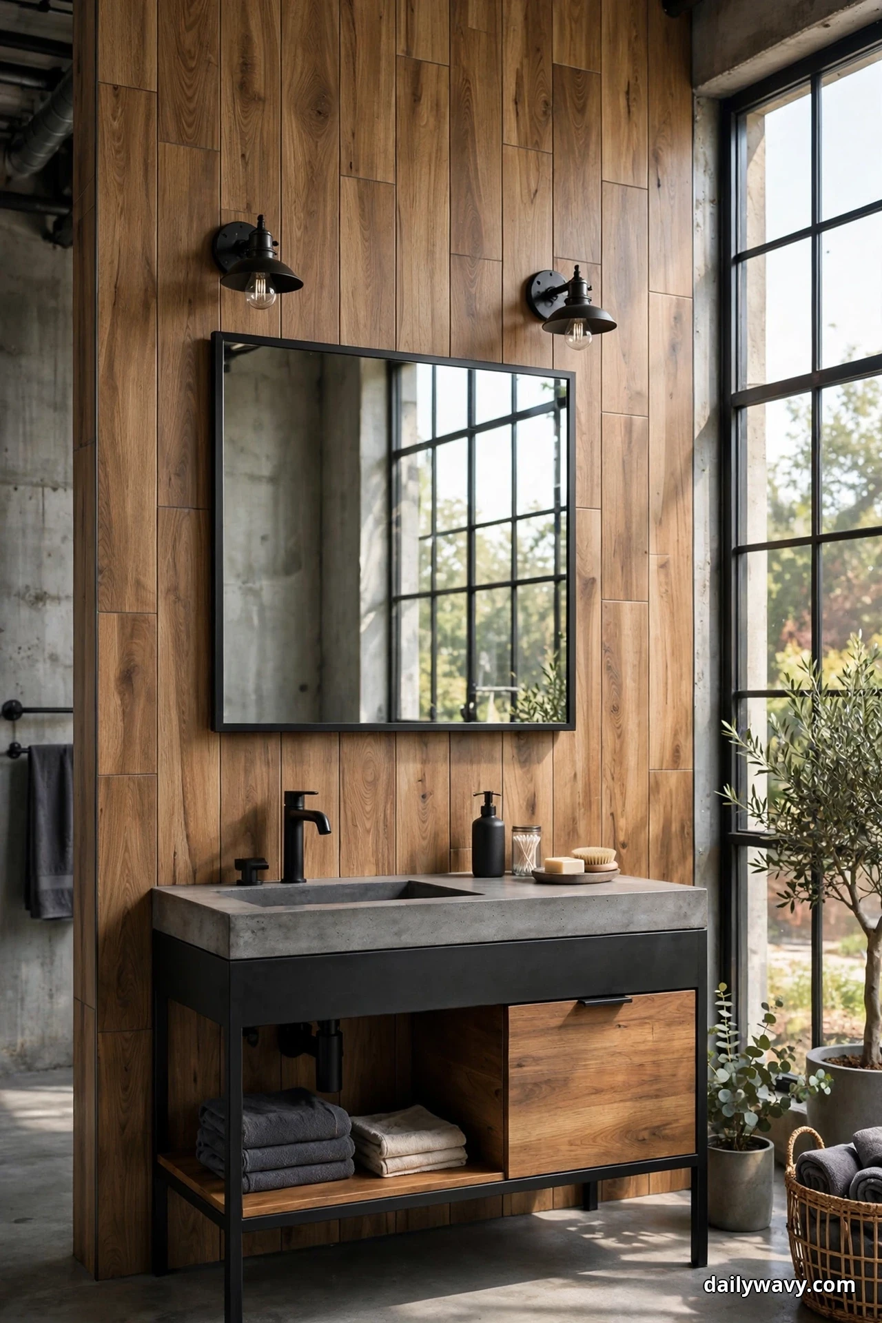 A wood-look plank tile accent wall rises behind a black-framed mirror and a concrete-topped vanity with a black metal frame, with folded towels stacked on the open shelf below and black sconces above the mirror