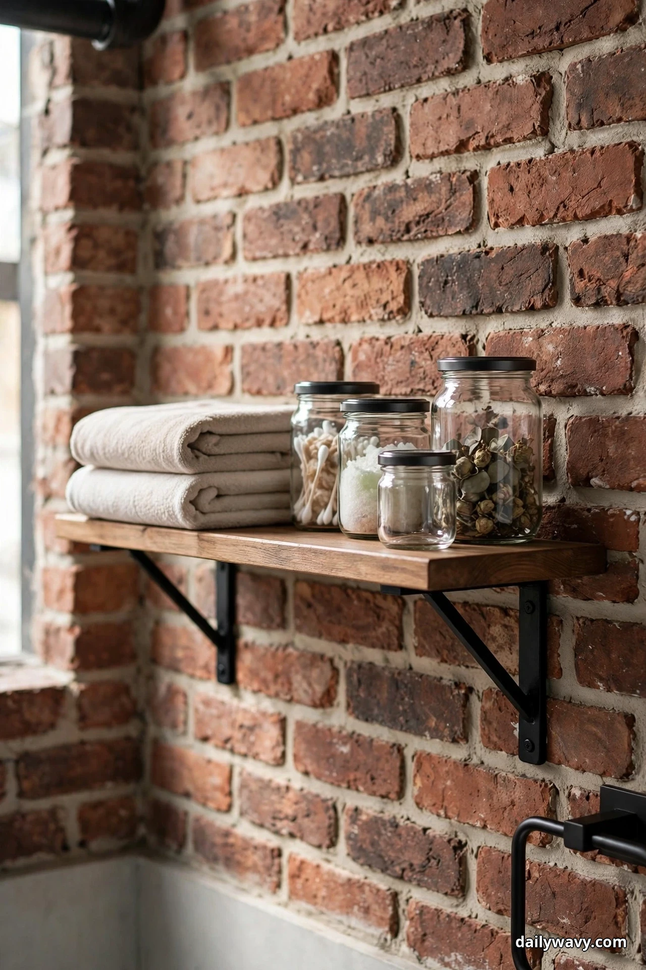 A wood wall shelf on black metal brackets mounted on an exposed brick wall holds folded cream towels and glass jars with black lids